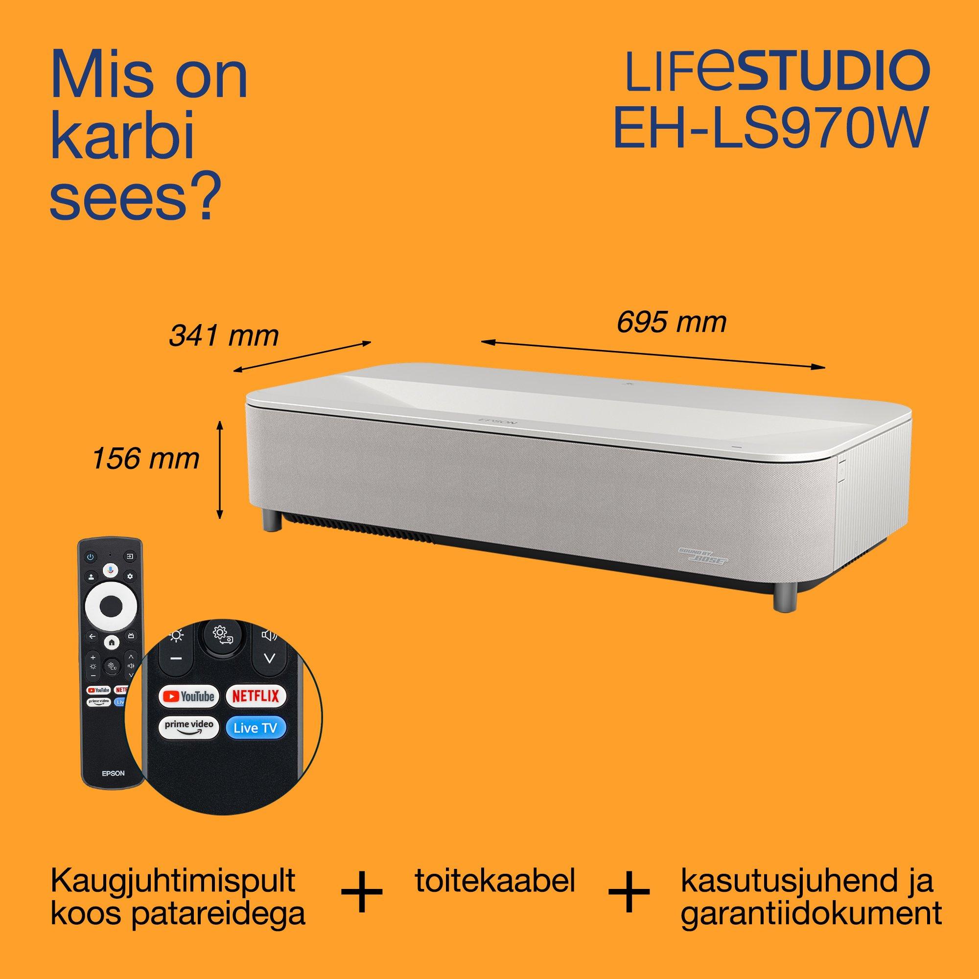 Epson Lifestudio Grand Plus  EH-LS970W, üliväikse projitseerimiskaugusega nutikas laserprojektor-teler, kodukino 4K, 4 000 luumenit, Sound by Bose, Google TV, 150'' ekraan, 5-aastane garantii whats in the box