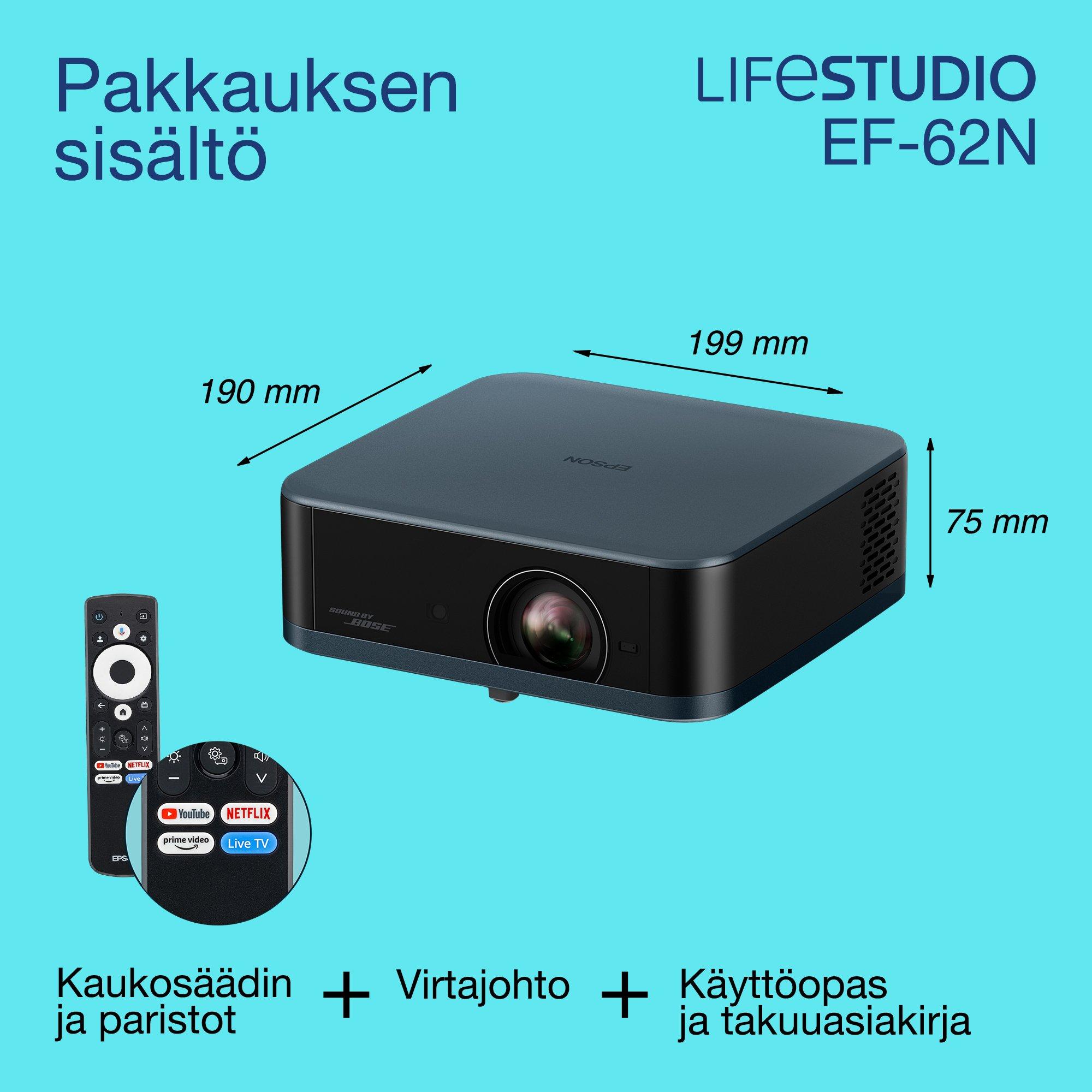 Epson Lifestudio Pop Plus EF-62N, 4K PRO-UHD Smart TV ‑projektori, kannettava, 700 lumenia, Sound by Bose, Google TV, 150 tuuman näyttö whats in the box
