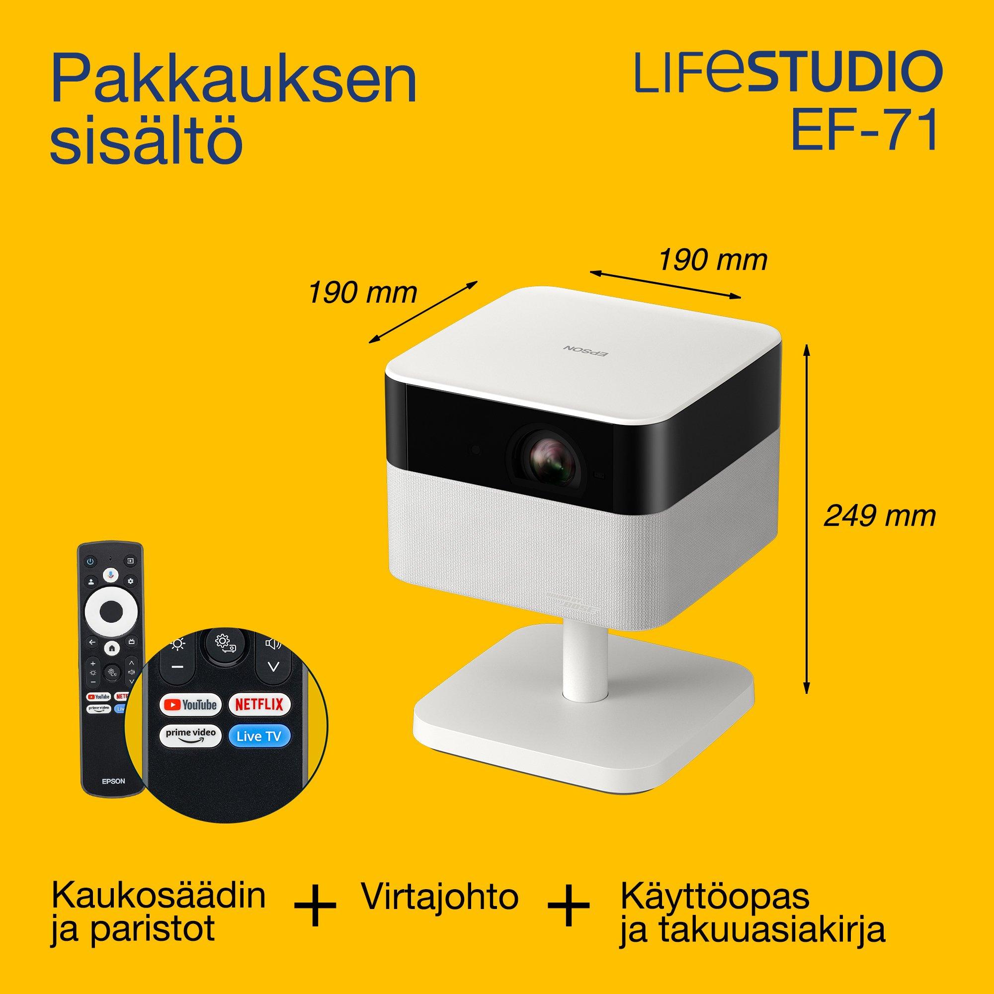 Epson Lifestudio Flex EF-71, Full HD 1080p Smart TV ‑projektori, kannettava, 700 lumenia, Sound by Bose, Google TV, 150 tuuman näyttö whats in the box