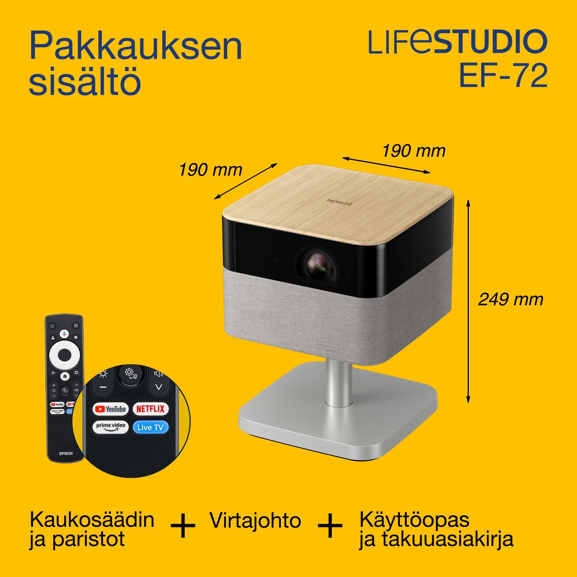Epson Lifestudio Flex Plus EF-72, 4K PRO-UHD Smart TV ‑projektori, kannettava, 1 000 lumenia, Sound by Bose, Google TV, 150 tuuman näyttö whats in the box