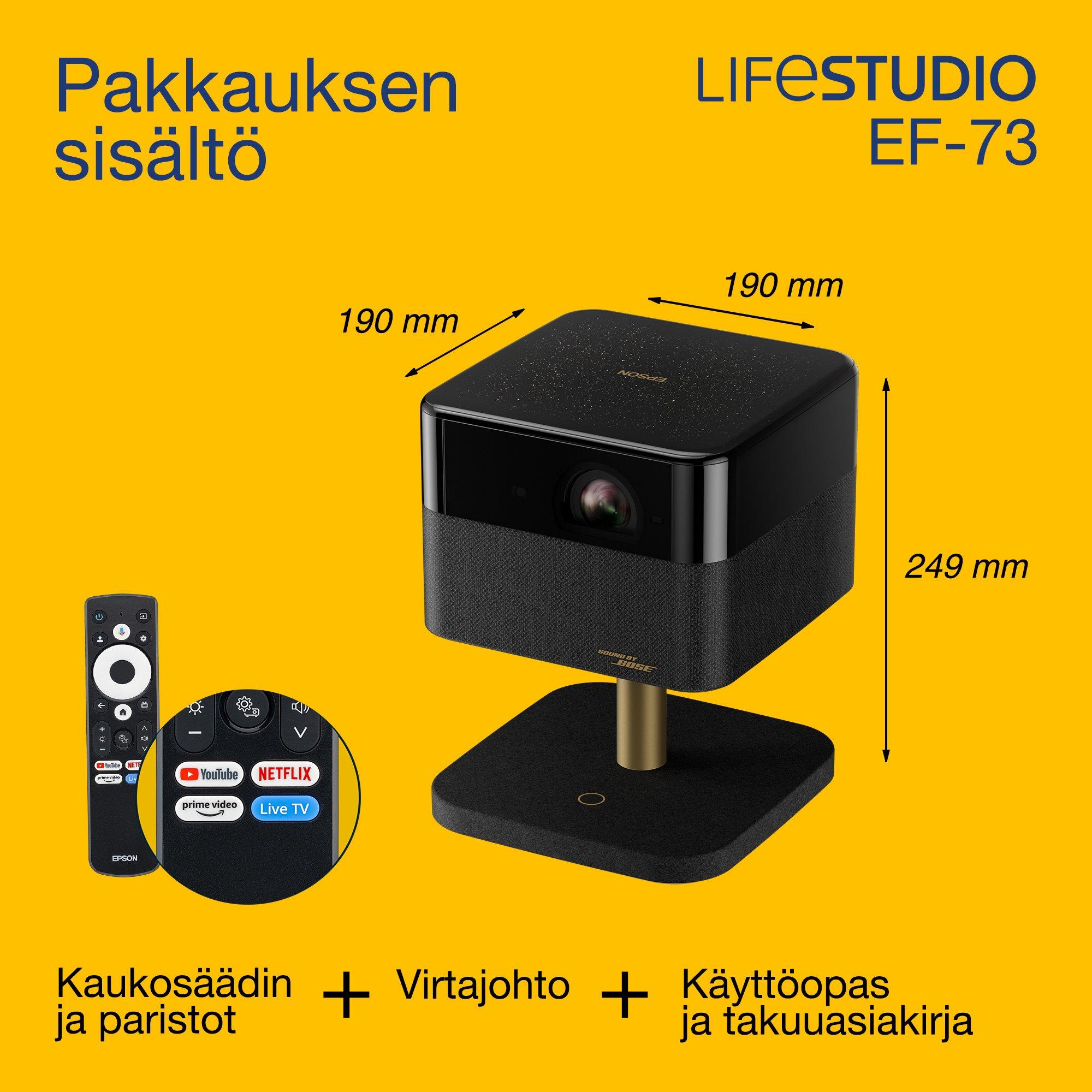 Epson Lifestudio Flex Plus EF-73, 4K PRO-UHD Smart TV ‑projektori, kannettava, 1 000 lumenia, Sound by Bose, Google TV, 150 tuuman näyttö whats in the box