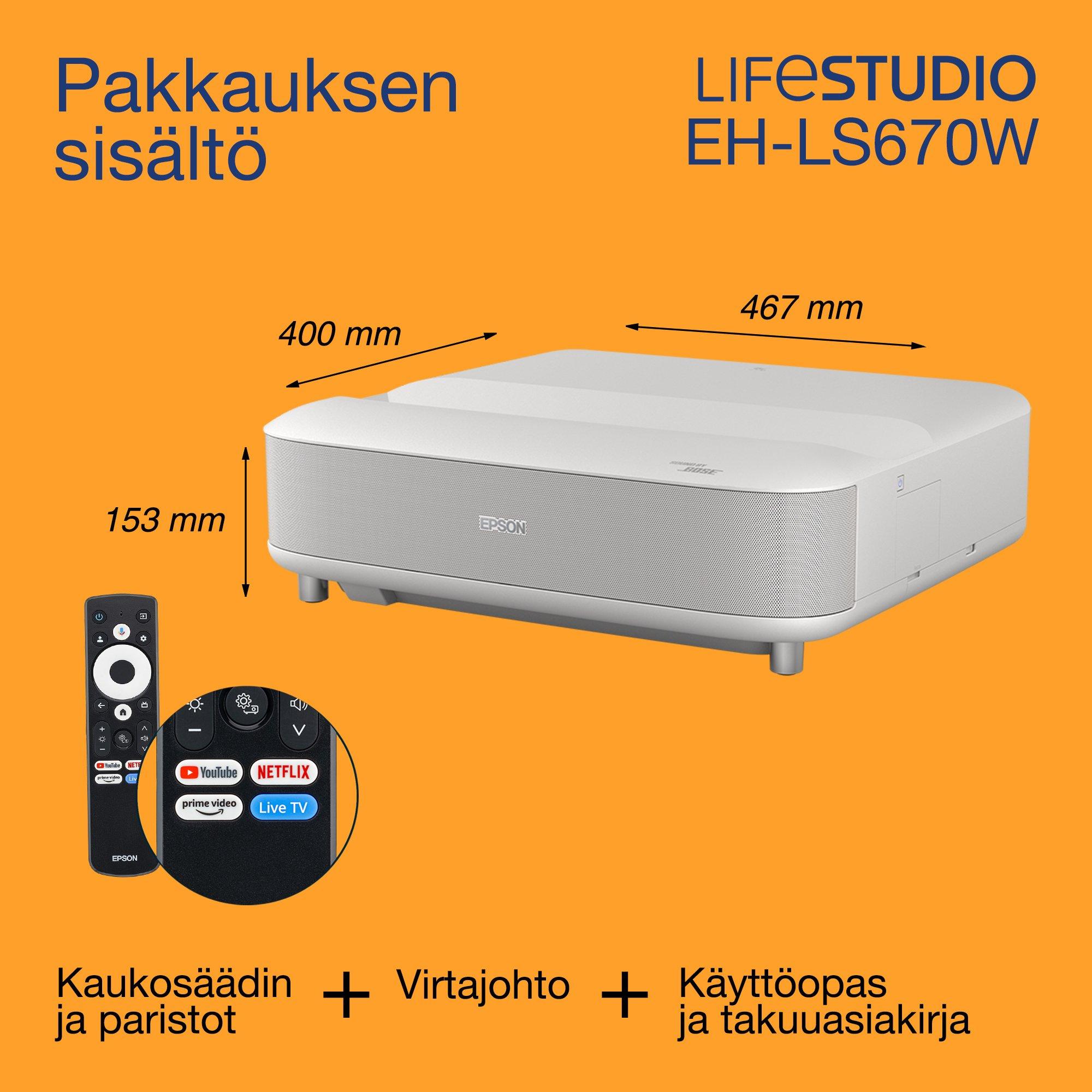 Epson Lifestudio Grand EH-LS670W, erittäin lyhyen heijastusetäisyyden älykäs laserprojektori-TV, 4K PRO-UHD, 3 600 lumenia, Sound by Bose, Google TV, 120 tuuman näyttö, 5 vuoden takuu whats in the box