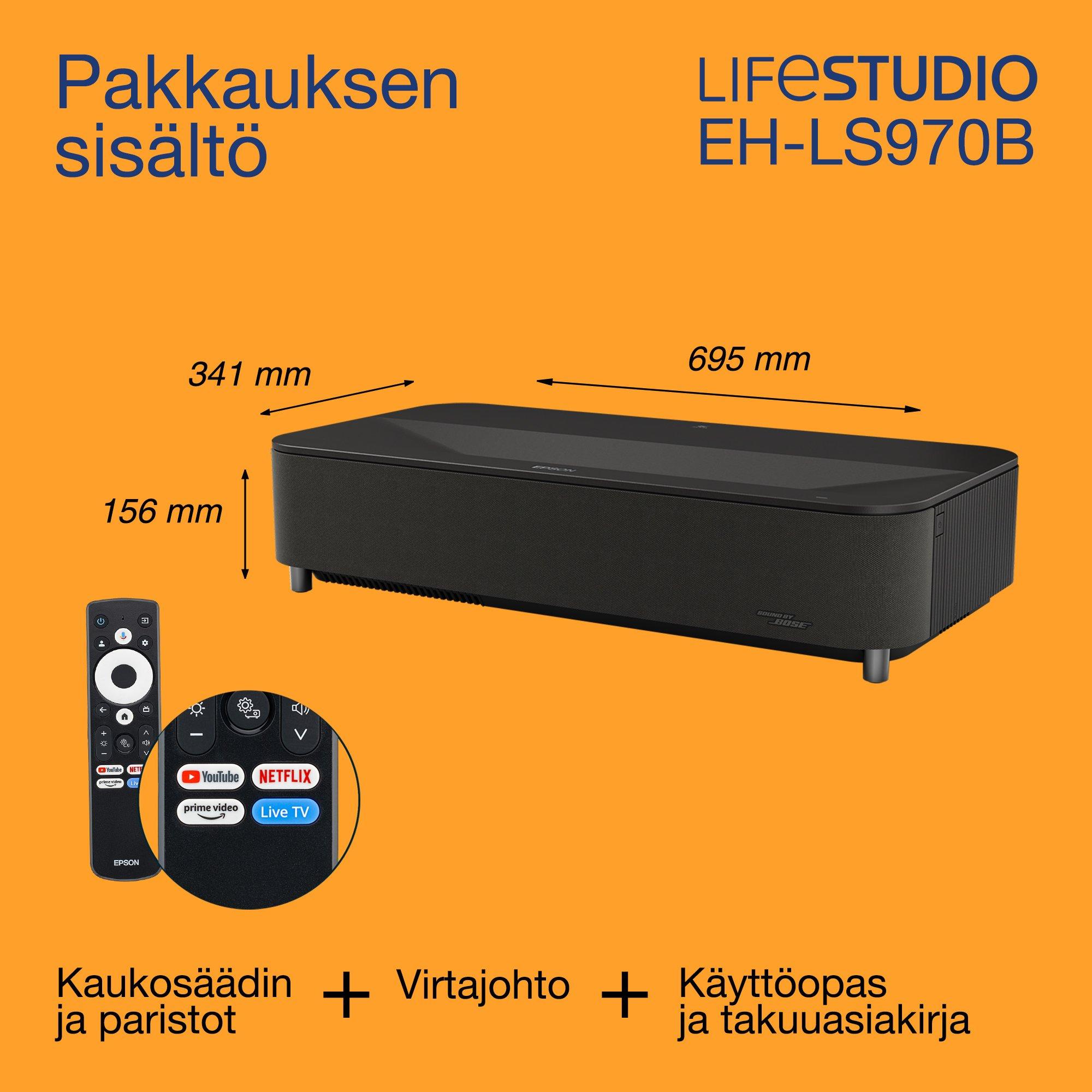 Epson Lifestudio Grand Plus EH-LS970B, erittäin lyhyen heijastusetäisyyden älykäs laserprojektori-TV, 4K-kotiteatteri, 4 000 lumenia, Sound by Bose, Google TV, 150 tuuman näyttö, 5 vuoden takuu whats in the box