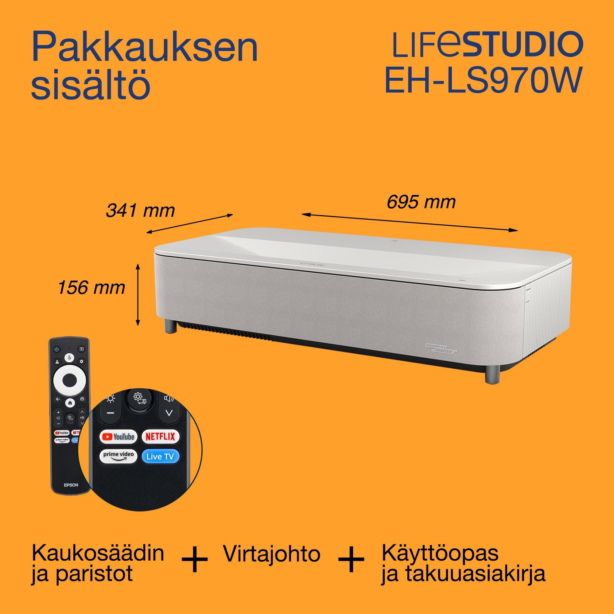Epson Lifestudio Grand Plus EH-LS970W, erittäin lyhyen heijastusetäisyyden älykäs laserprojektori-TV, 4K-kotiteatteri, 4 000 lumenia, Sound by Bose, Google TV, 150 tuuman näyttö, 5 vuoden takuu whats in the box