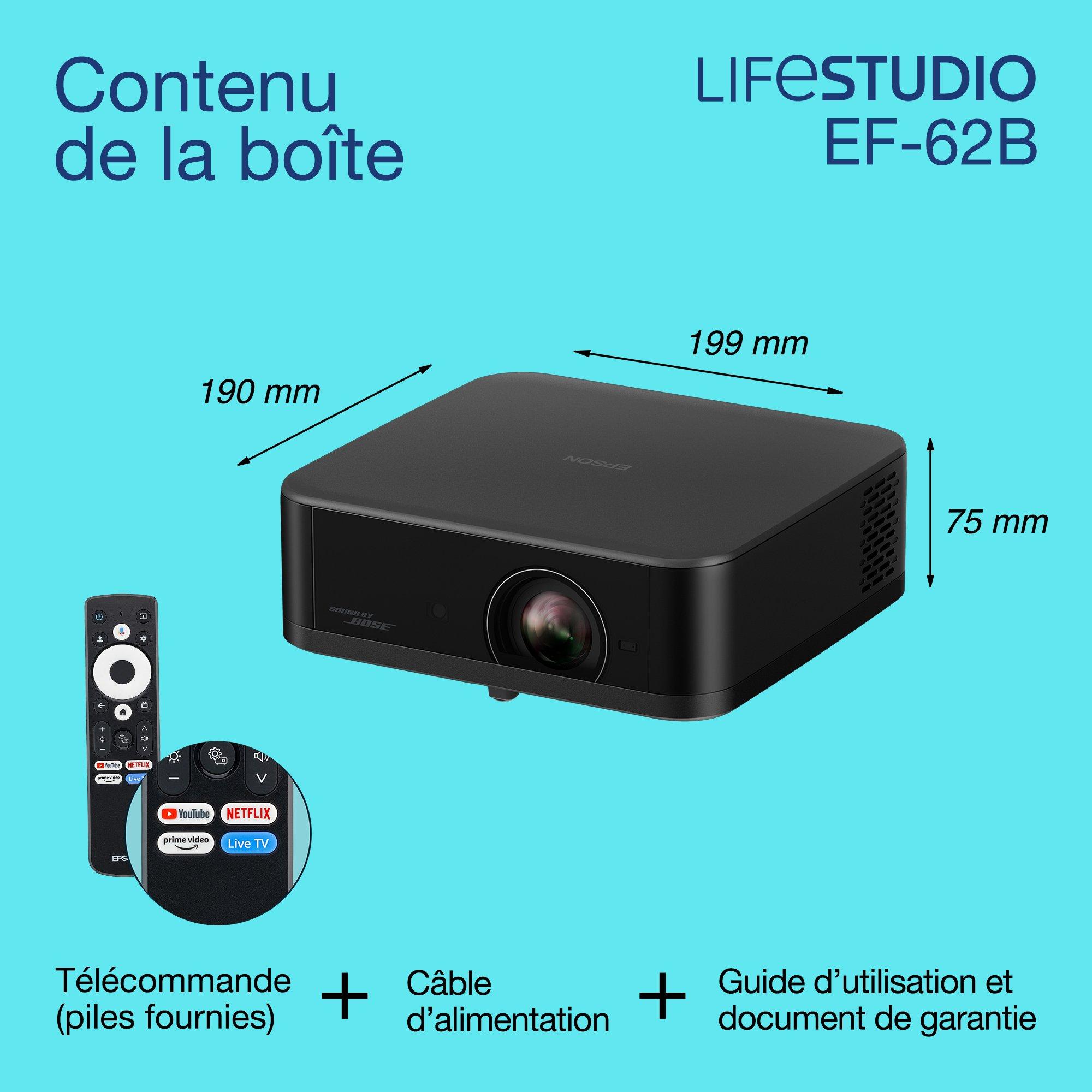 Epson Lifestudio Pop Plus EF-62B, Projecteur Smart TV 4K PRO-UHD, portable, 700 lumens, Sound by Bose, Google TV, écran de 150 pouces whats in the box