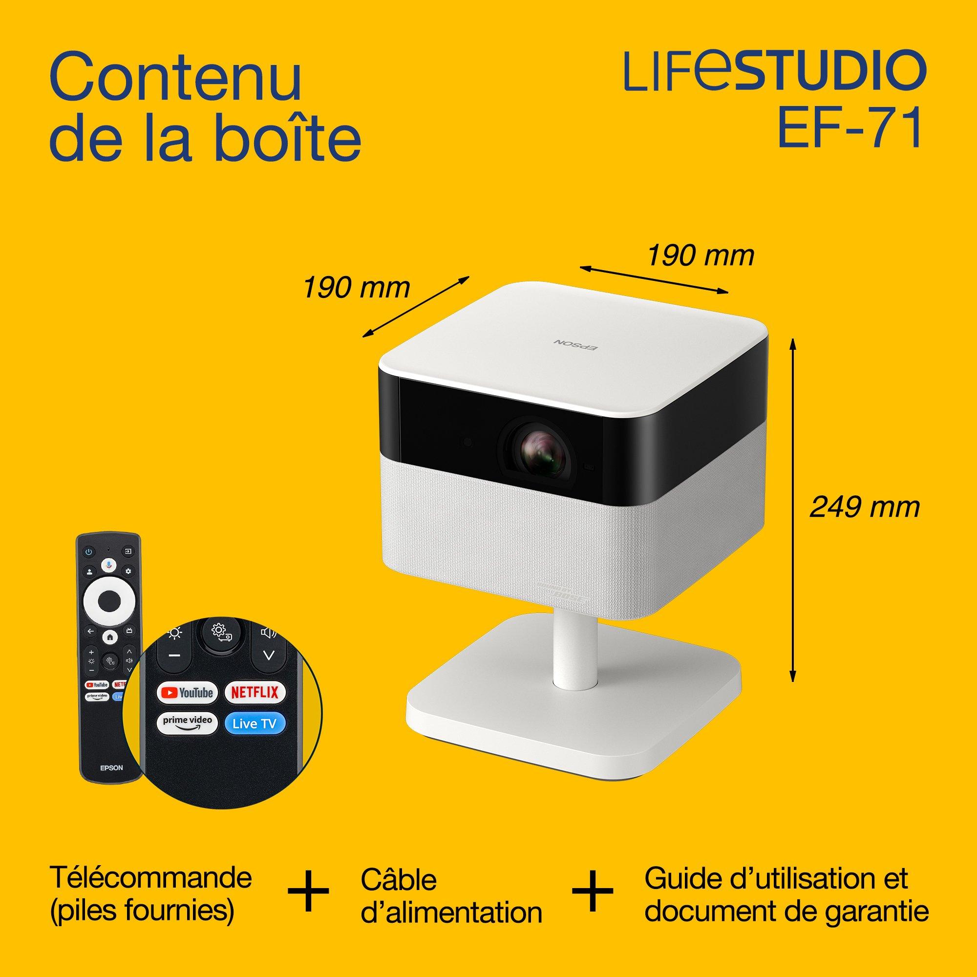 Epson Lifestudio Flex EF-71, Projecteur Smart TV HD intégrale 1080p, portable, 700 lumens, Sound by Bose, Google TV, écran de 150 pouces whats in the box