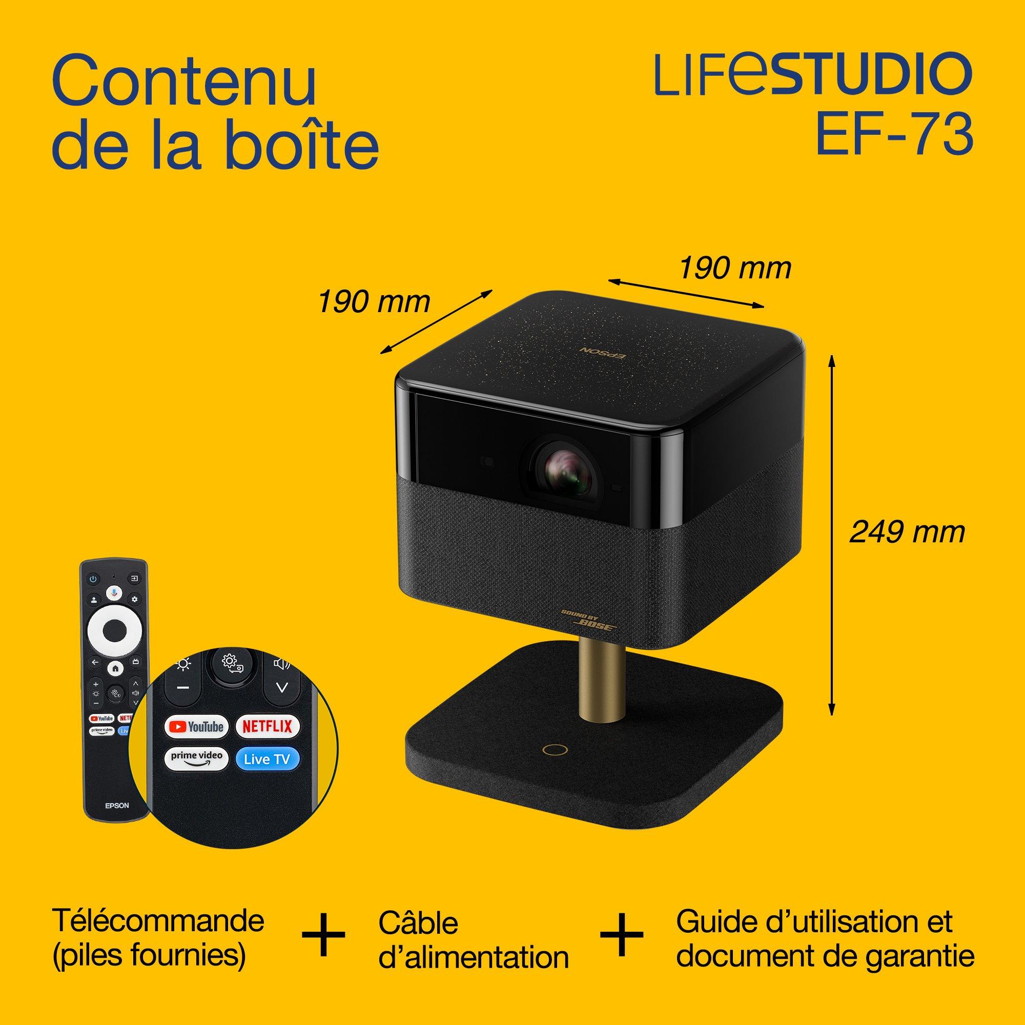 Epson Lifestudio Flex Plus EF-73, Projecteur Smart TV 4K PRO-UHD, portable, 1 000 lumens, Sound by Bose, Google TV, écran de 150 pouces whats in the box