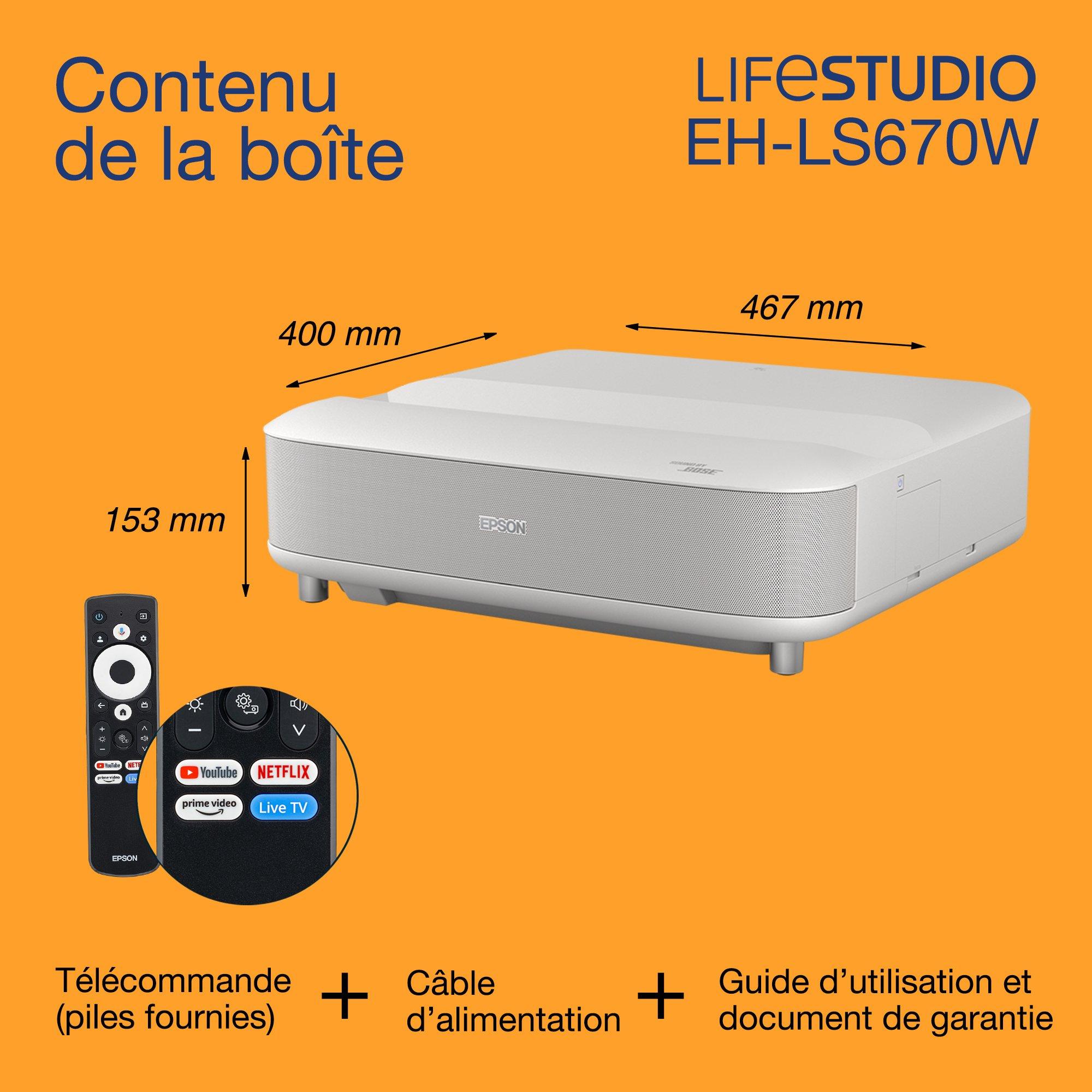 Epson Lifestudio Grand EH-LS670W, Projecteur laser intelligent à ultracourte focale, 4K PRO-UHD, 3 600 lumens, Sound by Bose, Google TV, écran de 120 pouces, garantie de 5 ans whats in the box