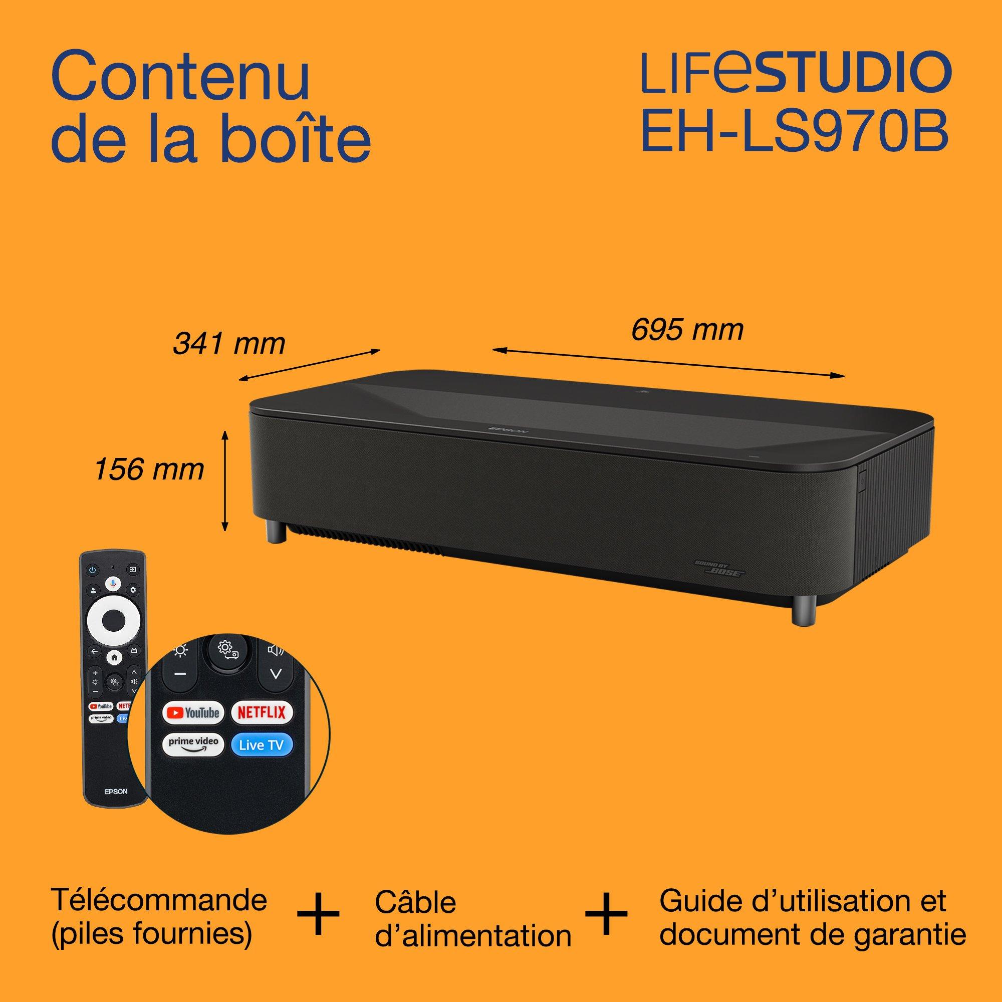 Epson Lifestudio Grand Plus EH-LS970B, Projecteur laser intelligent à ultracourte focale, Home cinéma 4K, 4 000 lumens, Sound by Bose, Google TV, écran de 150 pouces, garantie de 5 ans whats in the box