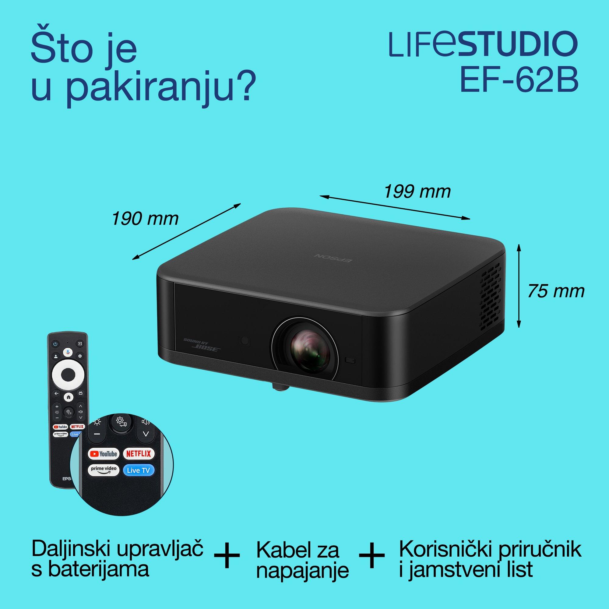 Epson Lifestudio Pop Plus EF-62B, 4K PRO-UHD pametni TV projektor, prijenosni, 700 lumena, Sound by Bose, Google TV, zaslon od 150 inča whats in the box