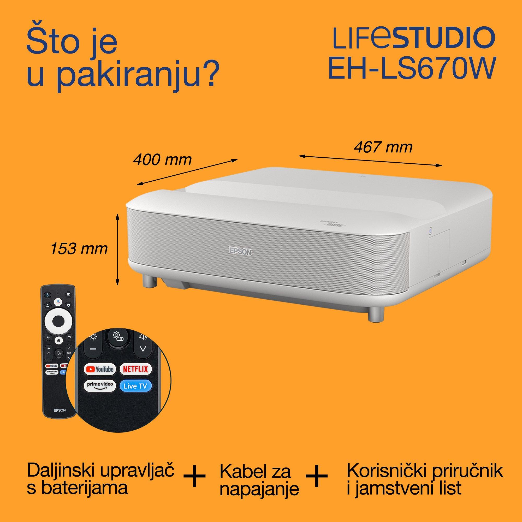 Epson Lifestudio Grand LS670W , pametni laserski projektor-TV s izuzetno kratkim dometom, 4K PRO-UHD, 3600 lumena, Sound by Bose, Google TV, zaslon od 120 inča, 5-godišnje jamstvo whats in the box
