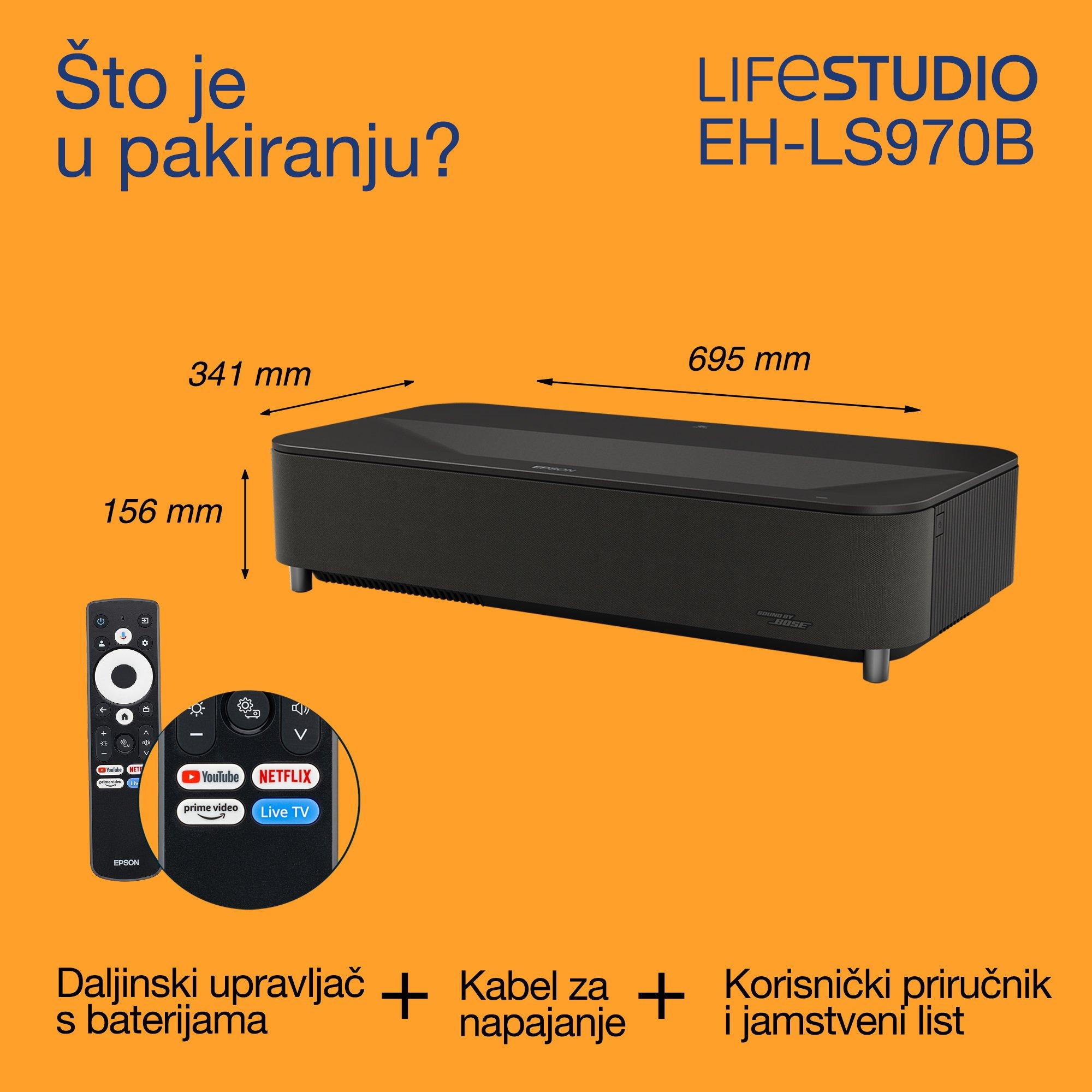 Epson Lifestudio Grand Plus EH-LS970B, pametni laserski projektor-TV s izuzetno kratkim dometom projiciranja, kućno kino 4K, 4000 lumena, Sound by Bose, Google TV, zaslon od 150 inča, 5-godišnje jamstvo whats in the box