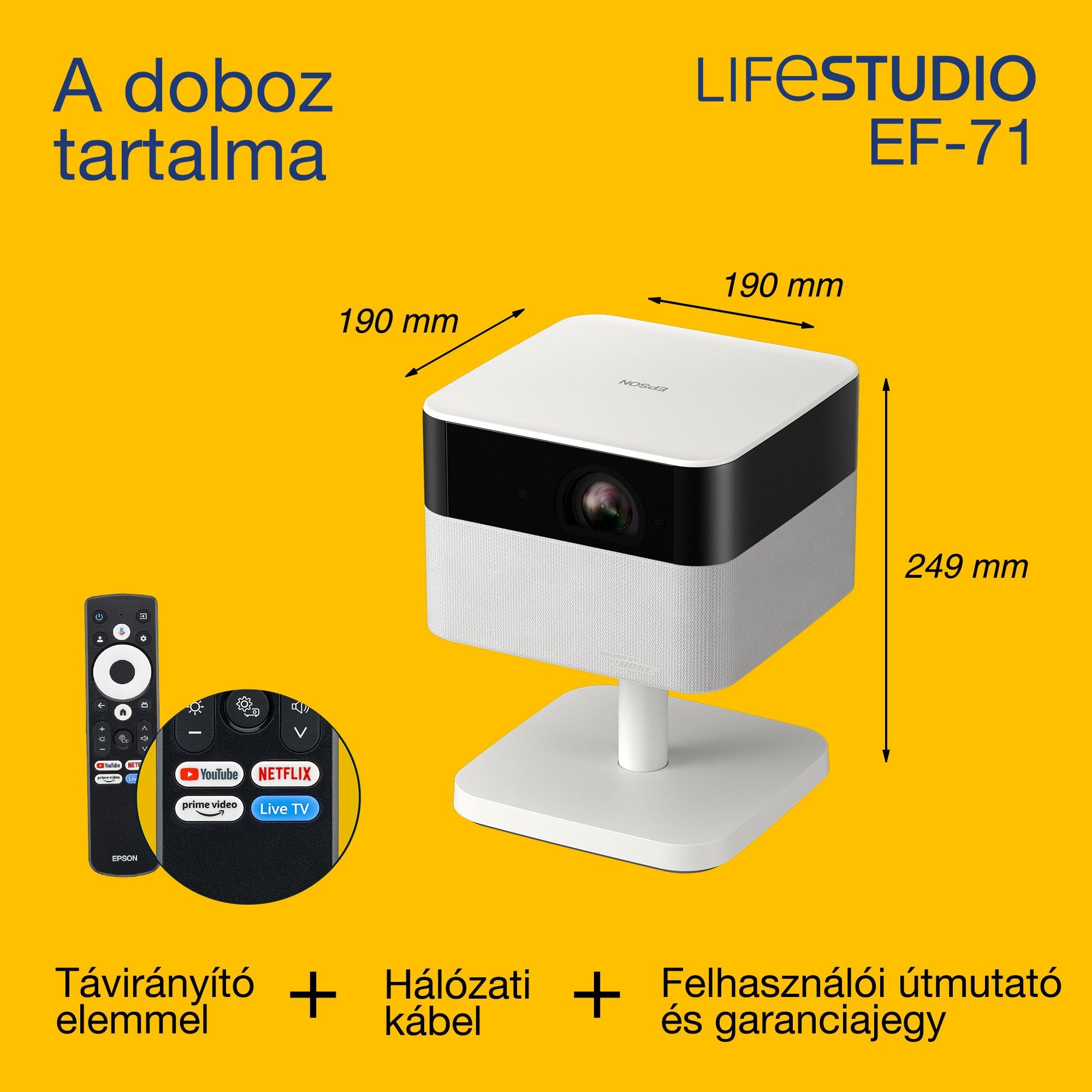 Epson Lifestudio Flex EF-71, Full HD 1080p Smart TV projektor, hordozható, 700 lumen, Sound by Bose, Google TV, 150 hüvelykes kijelző whats in the box