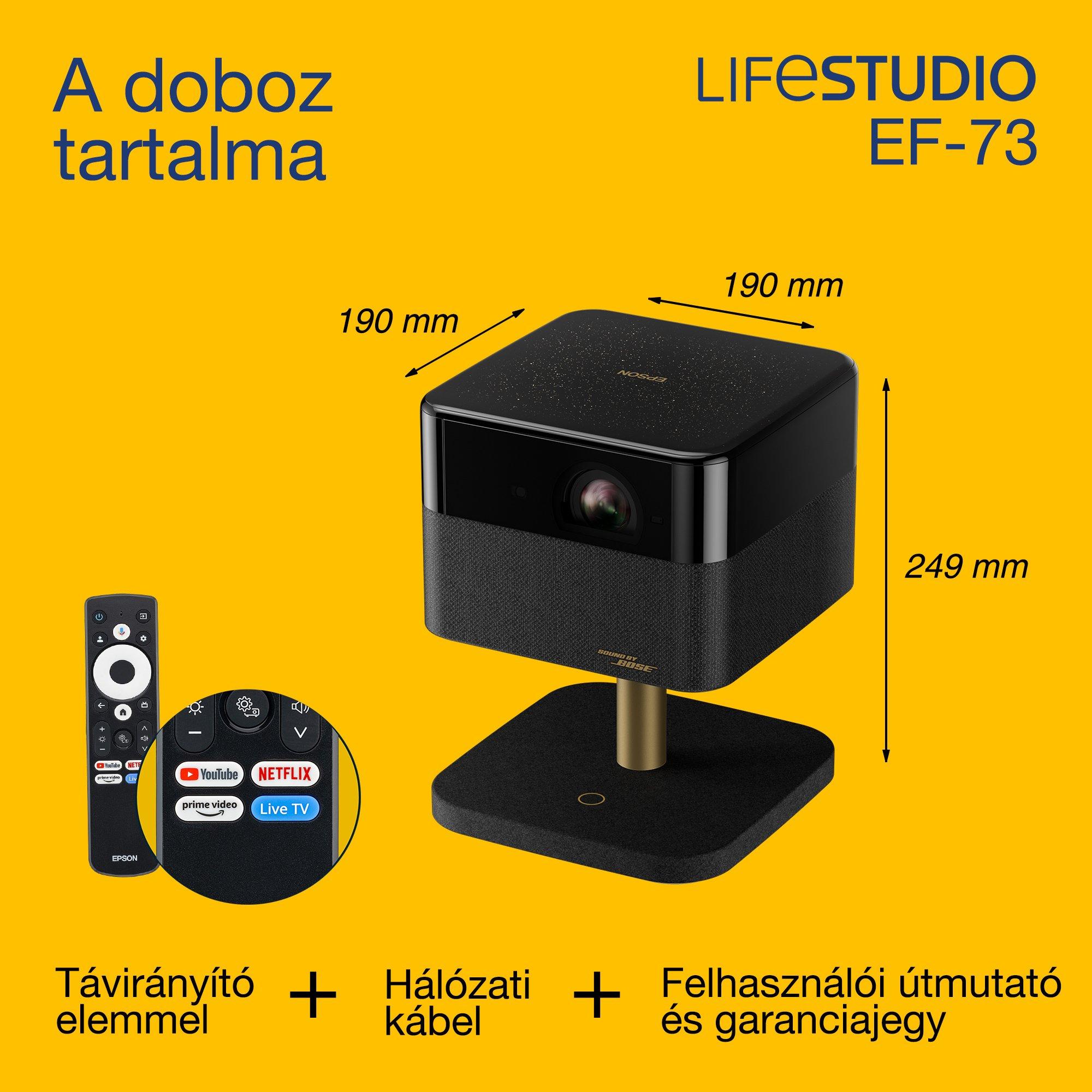 Epson Lifestudio Flex Plus EF-73, 4K PRO-UHD Smart TV projektor, hordozható, 1000 lumen, Sound by Bose, Google TV, 150 hüvelykes kijelző whats in the box