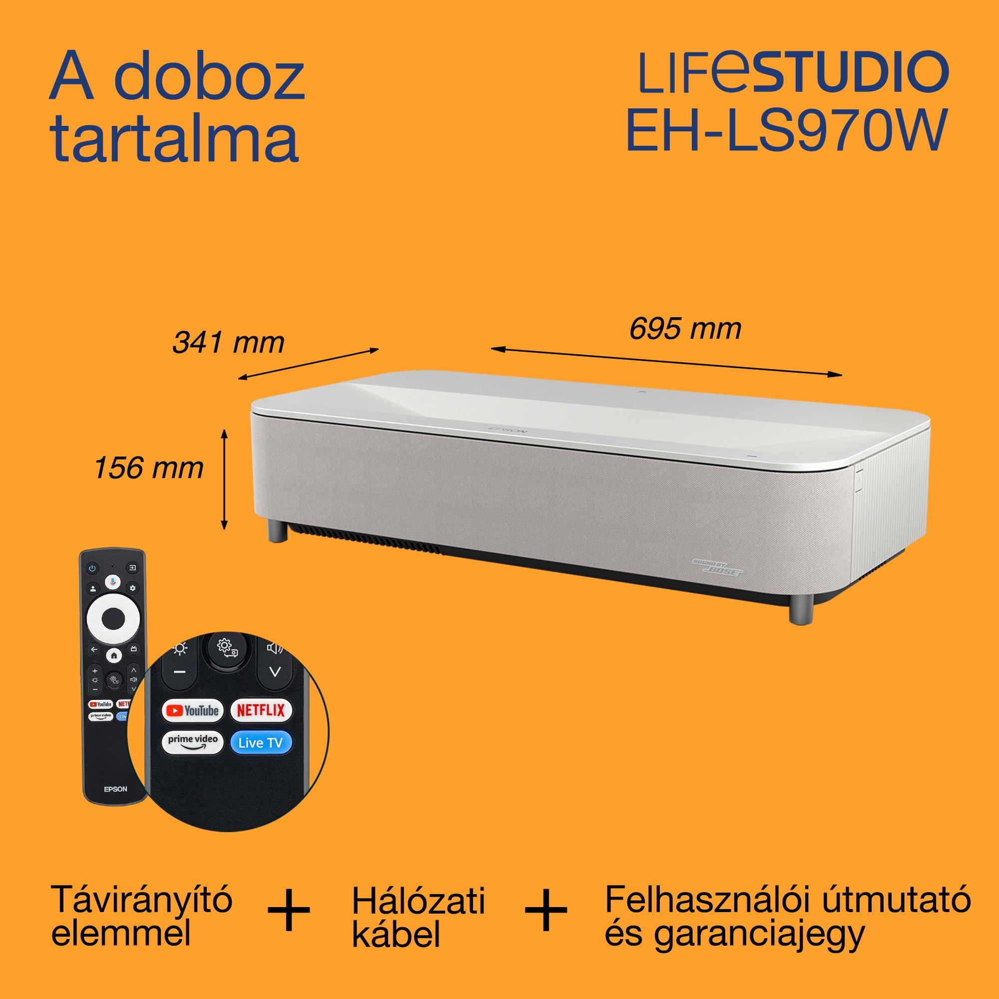 Epson Lifestudio Grand Plus EH-LS970W, ultrarövid vetítési távolságú intelligens lézerprojektor-TV, házimozi 4K, 4000 lumen, Sound by Bose, Google TV, 150 hüvelykes kijelző, 5 éves garancia whats in the box