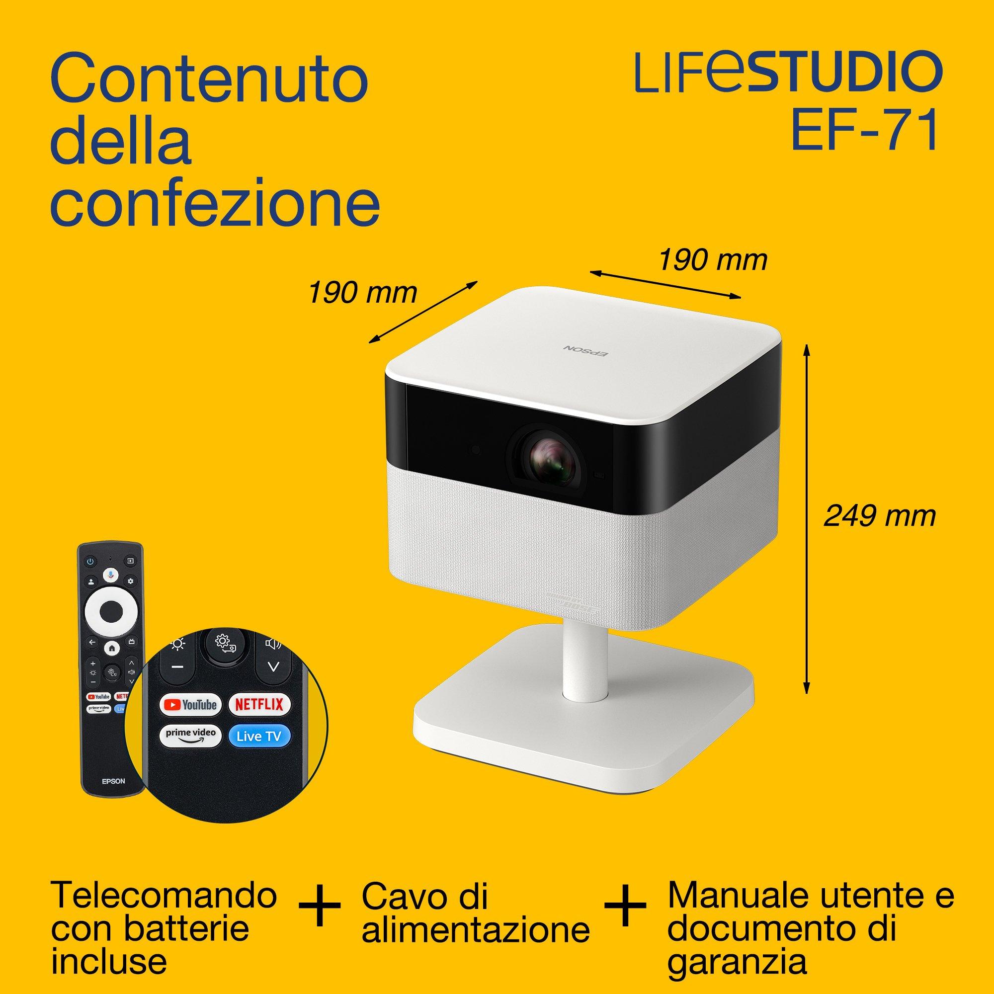 Epson Lifestudio Flex EF-71, videoproiettore Smart TV Full HD 1080p, portatile, 700 lumen, Sound by Bose, Google TV, display 150" whats in the box