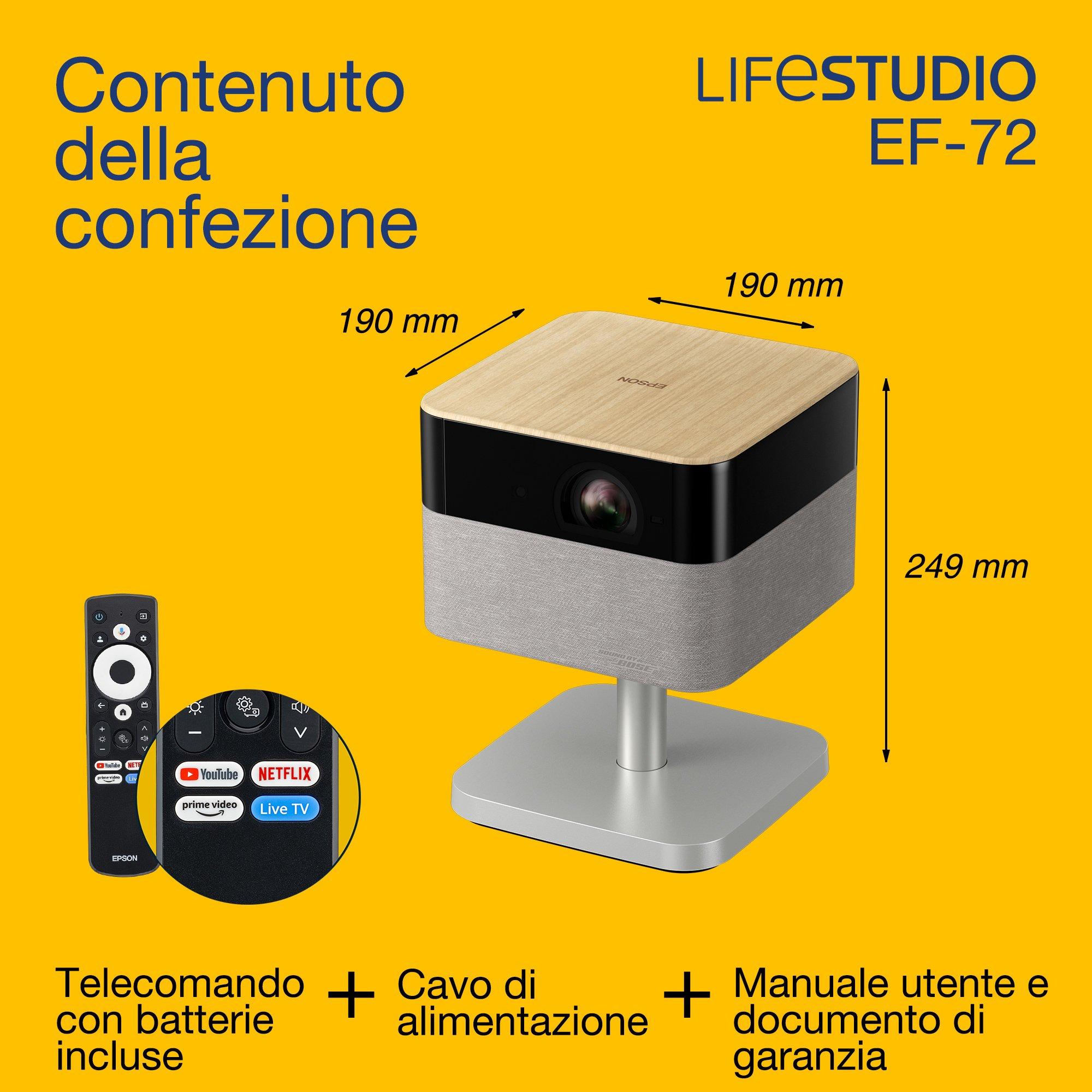 Epson Lifestudio Flex Plus EF-72, videoproiettore Smart TV 4K PRO-UHD, portatile, 1.000 lumen, Sound by Bose, Google TV, display da 150'' whats in the box