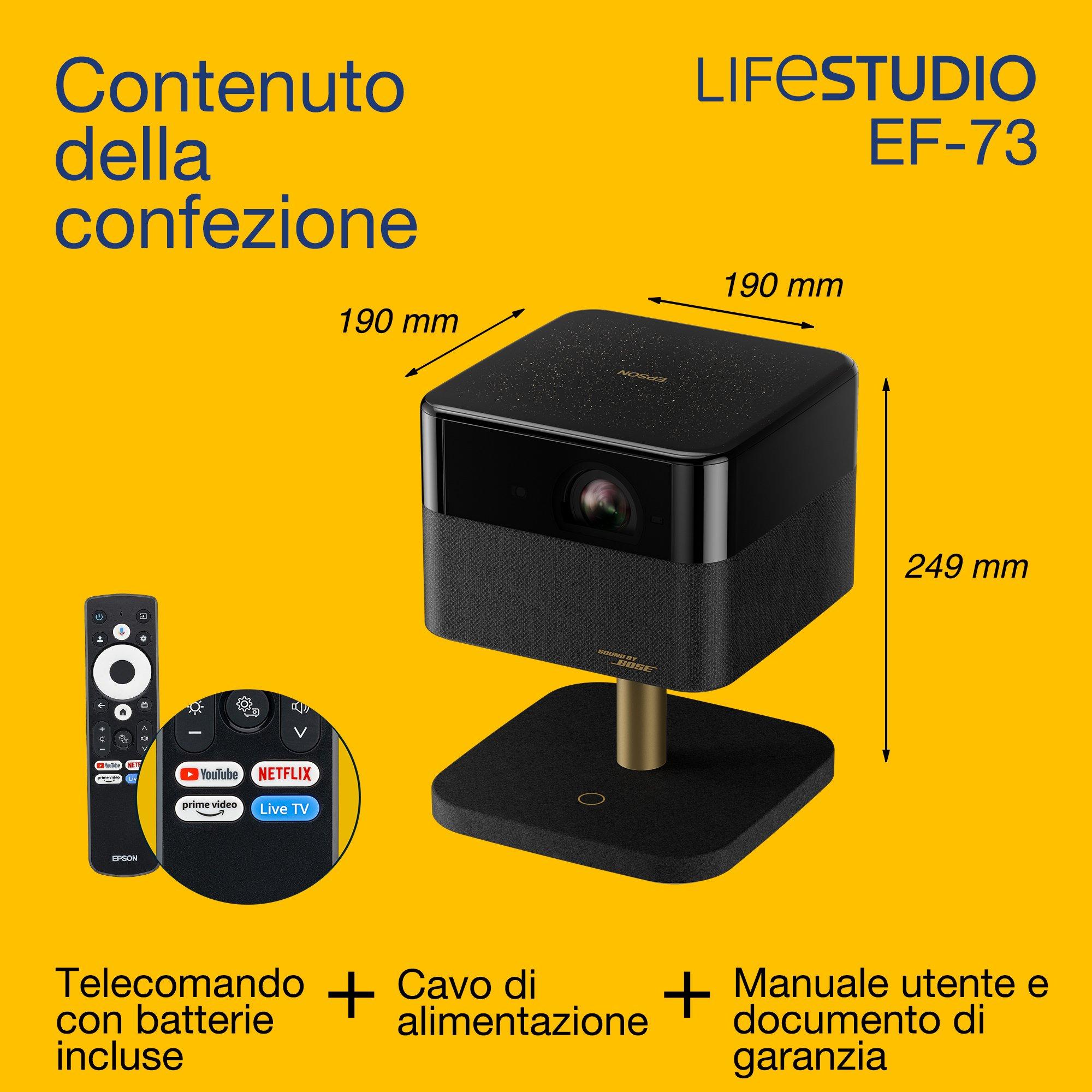 Epson Lifestudio Flex Plus EF-73, videoproiettore Smart TV 4K PRO-UHD, portatile, 1.000 lumen, Sound by Bose, Google TV, display da 150'' whats in the box