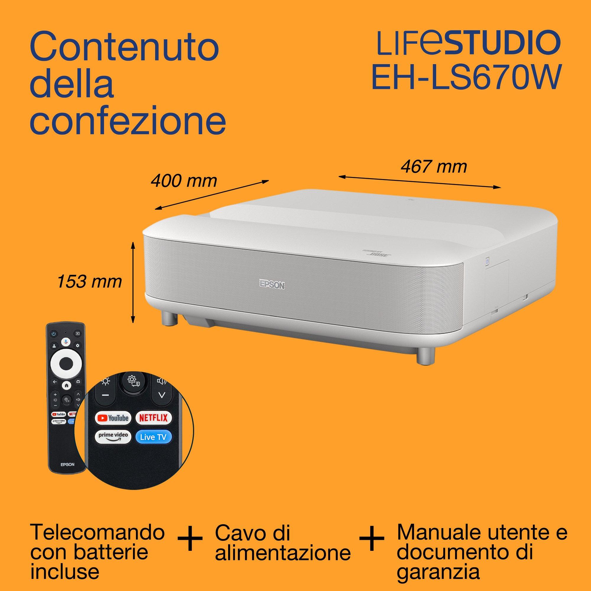 Epson Lifestudio Grand EH-LS670W, videoproiettore laser smart TV a ottica ultra-corta, 4K PRO-UHD, 3.600 lumen, Sound by Bose, Google TV, display da 120", garanzia di 5 anni whats in the box