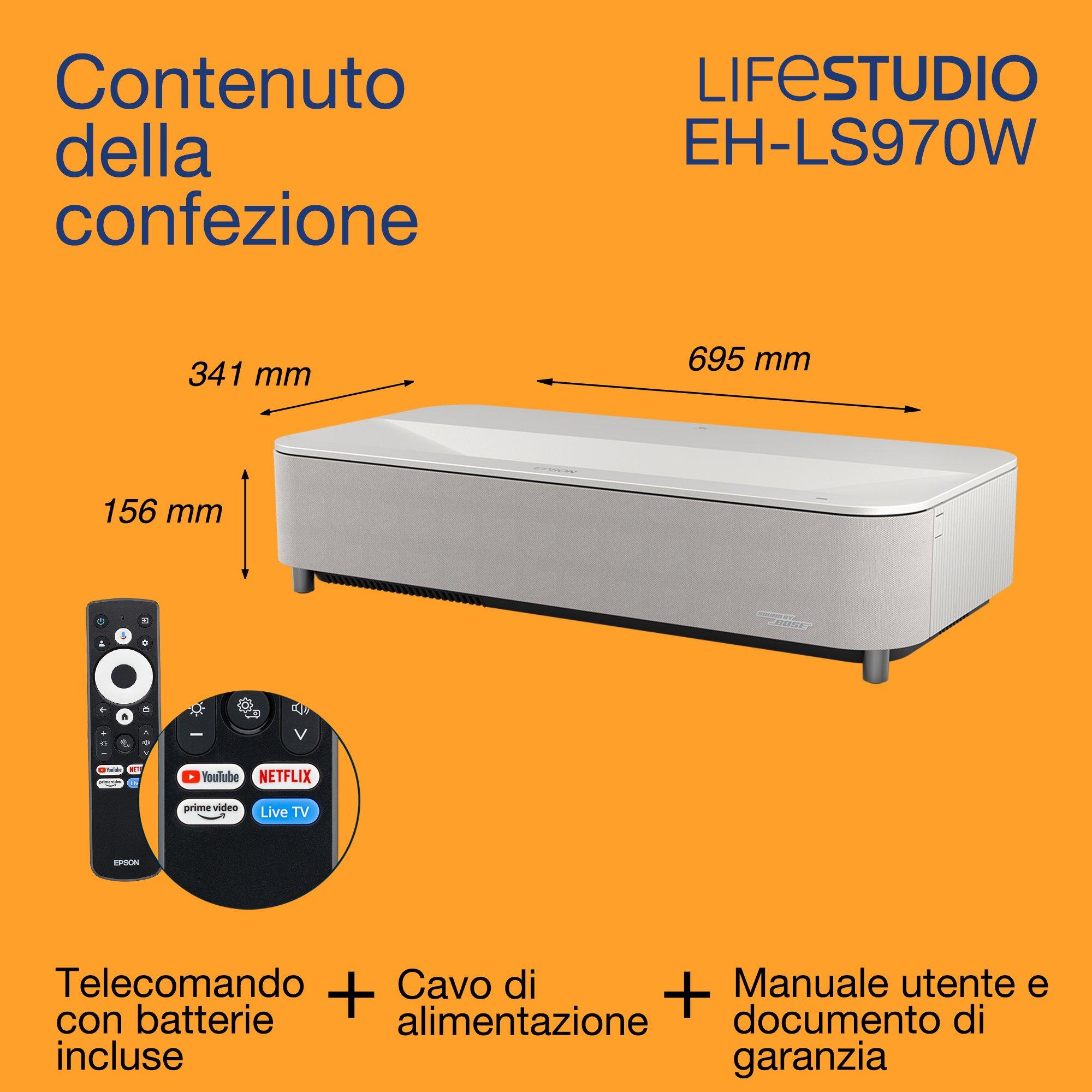 Epson Lifestudio Grand Plus EH-LS970W, videoproiettore laser smart TV a ottica ultra-corta, Home Cinema 4K, 4.000 lumen, Sound by Bose, Google TV, display da 150", garanzia di 5 anni whats in the box