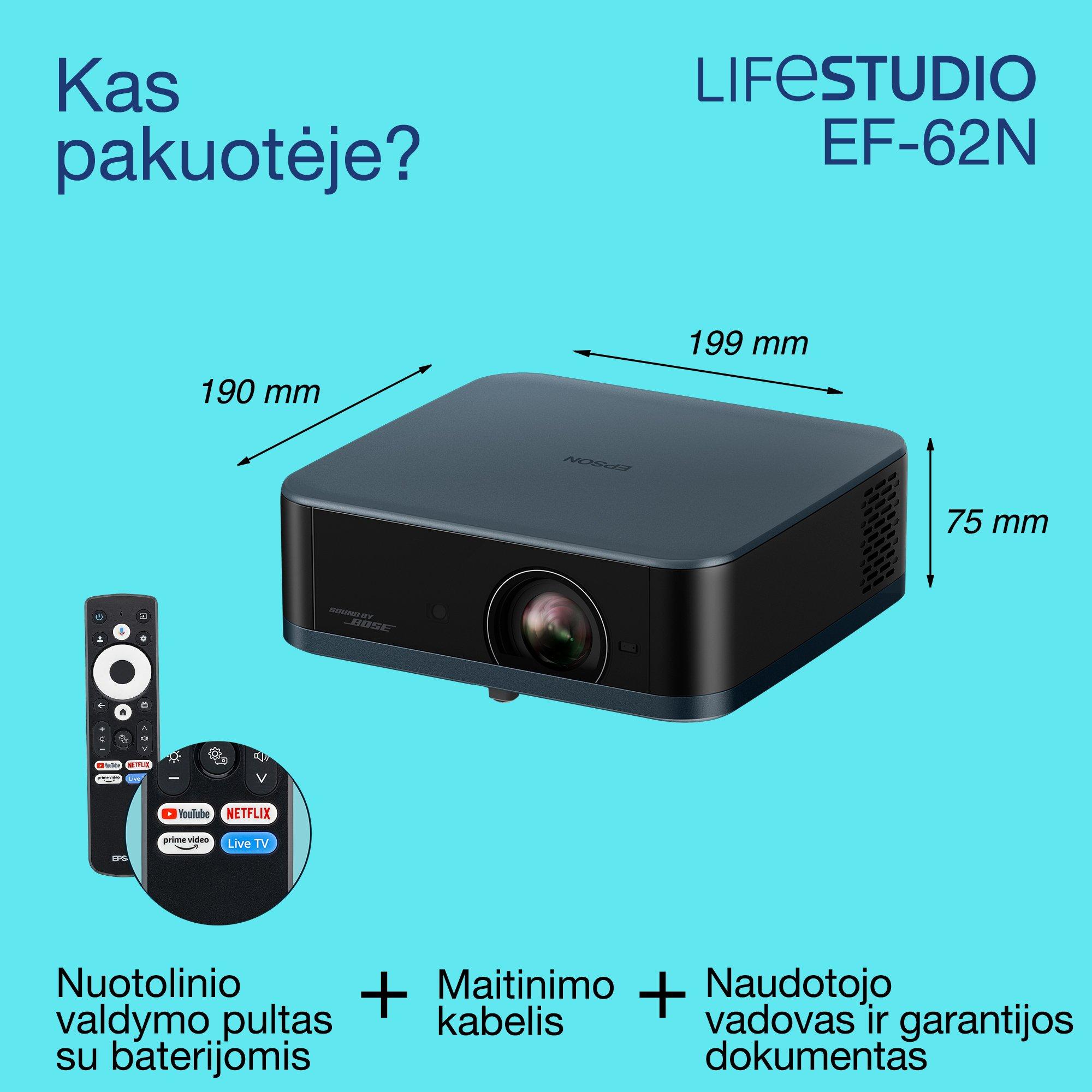 „Epson Lifestudio Pop Plus EF-62N“, 4K PRO-UHD išmaniosios TV projektorius, nešiojamas, 700 liumenų, „Sound by Bose“, „Google TV“, 150 colių ekranas whats in the box