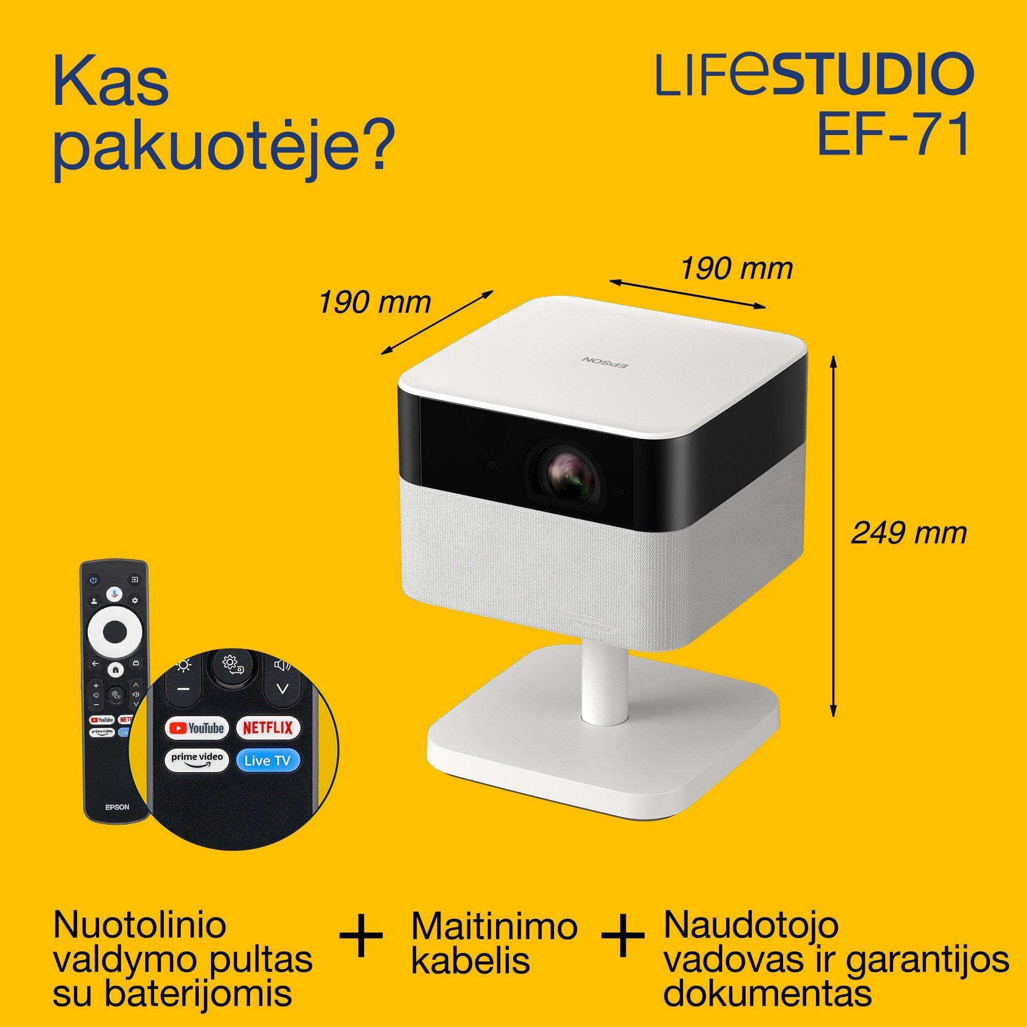 „Epson Lifestudio Flex EF-71“, „Full HD“ 1080p išmaniosios TV projektorius, nešiojamas, 700 liumenų, „Sound by Bose“, „Google TV“, 150 colių ekranas whats in the box