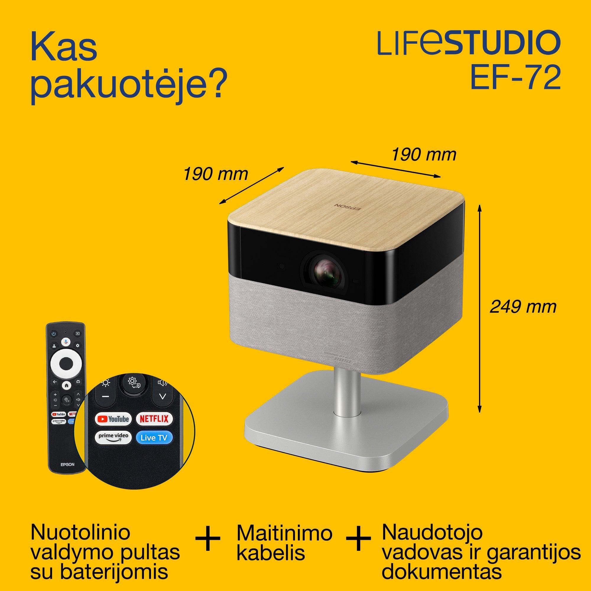 „Epson Lifestudio Flex Plus EF-72“, 4K PRO-UHD išmaniosios TV projektorius, nešiojamas, 1 000 liumenų, „Sound by Bose“, „Google TV“, 150 colių ekranas whats in the box