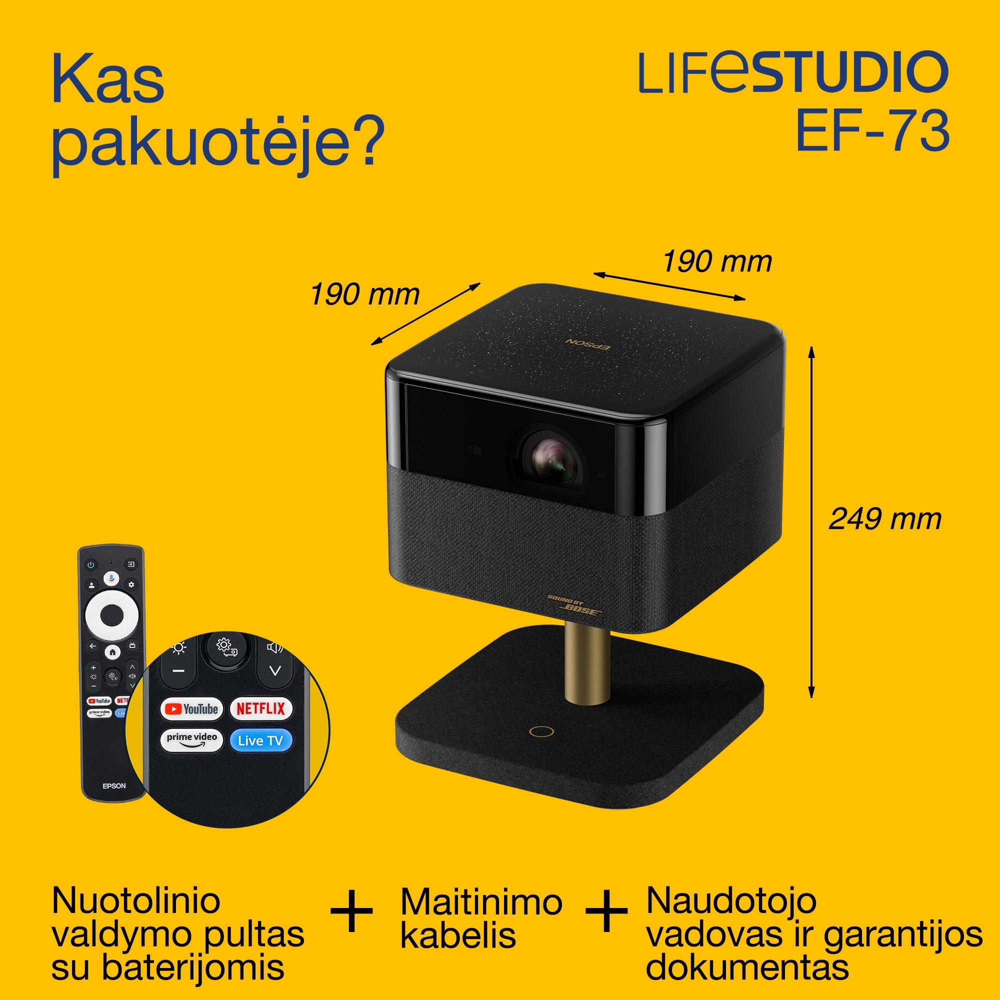 „Epson Lifestudio Flex Plus EF-73“, 4K PRO-UHD išmaniosios TV projektorius, nešiojamas, 1 000 liumenų, „Sound by Bose“, „Google TV“, 150 colių ekranas whats in the box