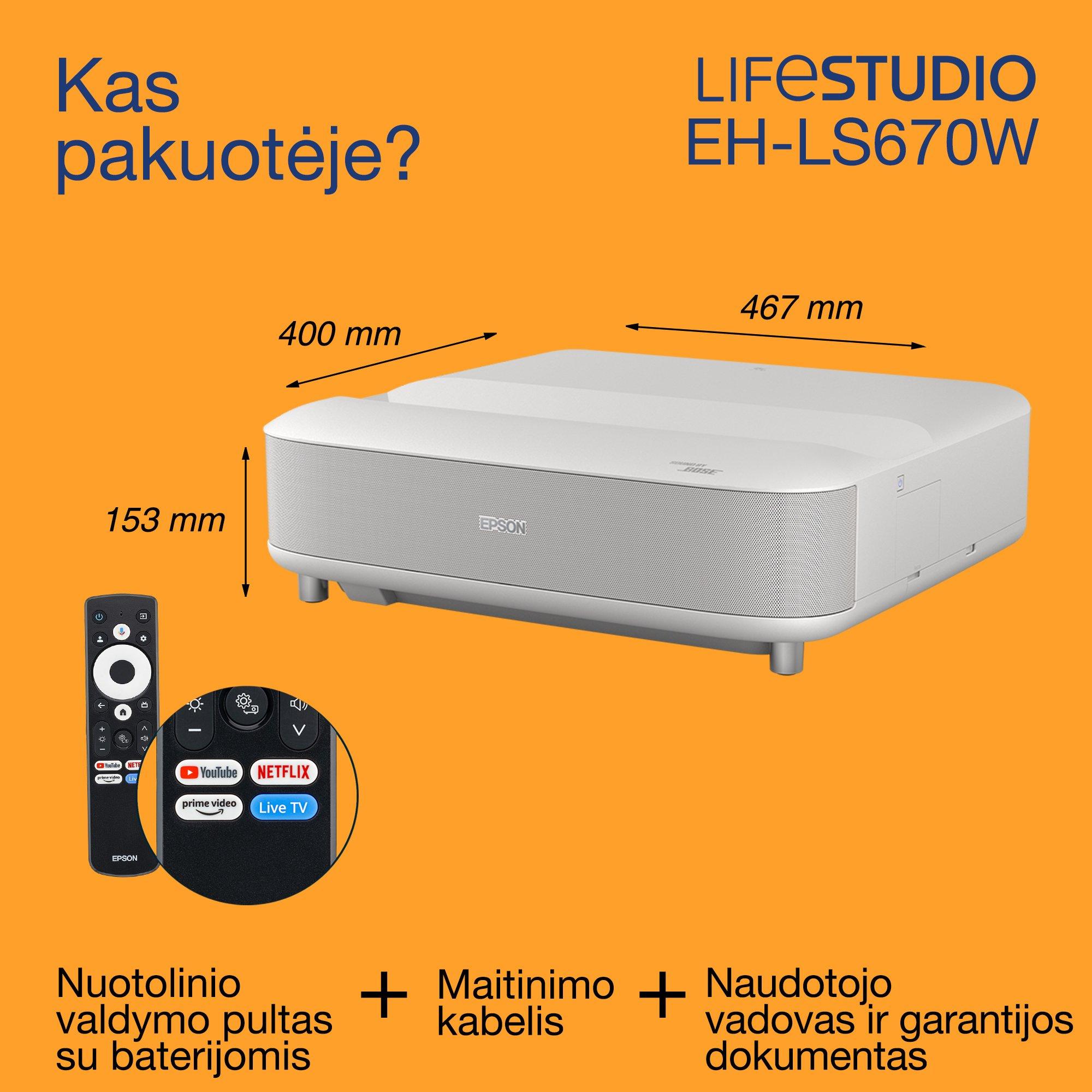„Epson Lifestudio Grand EH-LS670W“, itin mažo atstumo išmanusis lazerinis projektorius-TV, 4K PRO-UHD, 3 600 liumenų, „Sound by Bose“, „Google TV“, 120 colių ekranas, 5 metų garantija whats in the box