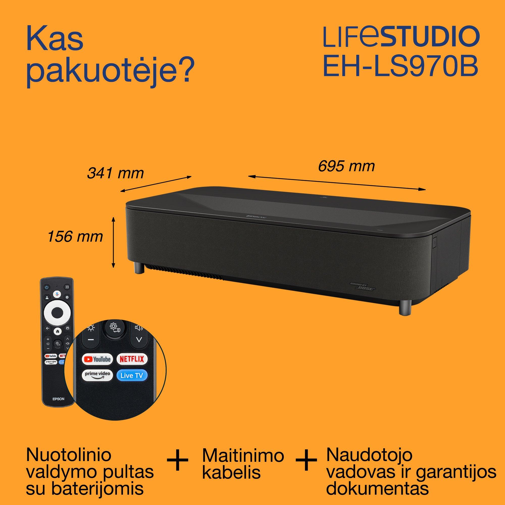 „Epson Lifestudio Grand Plus EH-LS970B“, itin mažo atstumo išmanusis lazerinis projektorius-TV, namų kinas 4K, 4 000 liumenų, „Sound by Bose“, „Google TV“, 150 colių ekranas, 5 metų garantija whats in the box