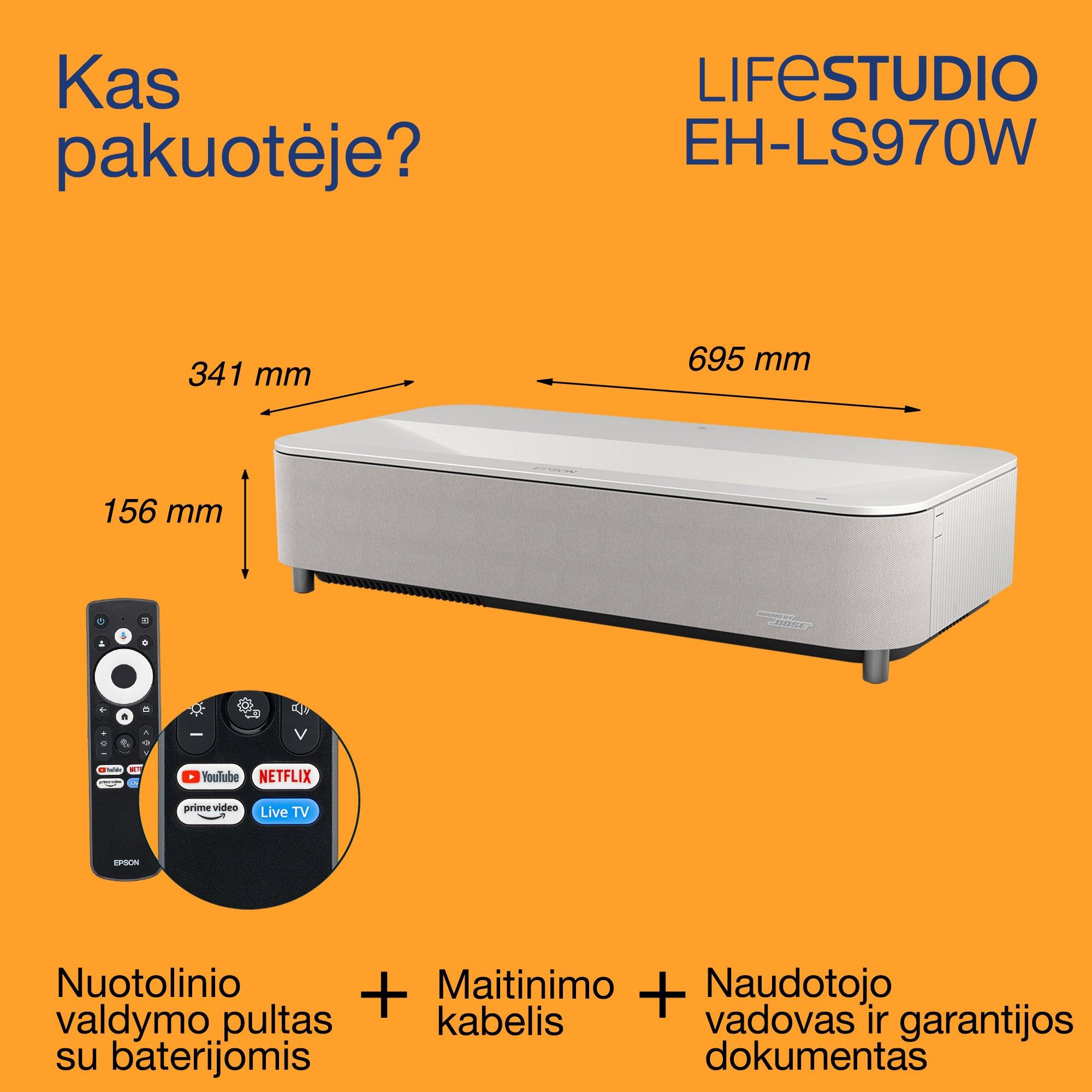 „Epson Lifestudio Grand Plus EH-LS970W“, itin mažo atstumo išmanusis lazerinis projektorius-TV, namų kinas 4K, 4 000 liumenų, „Sound by Bose“, „Google TV“, 150 colių ekranas, 5 metų garantija whats in the box