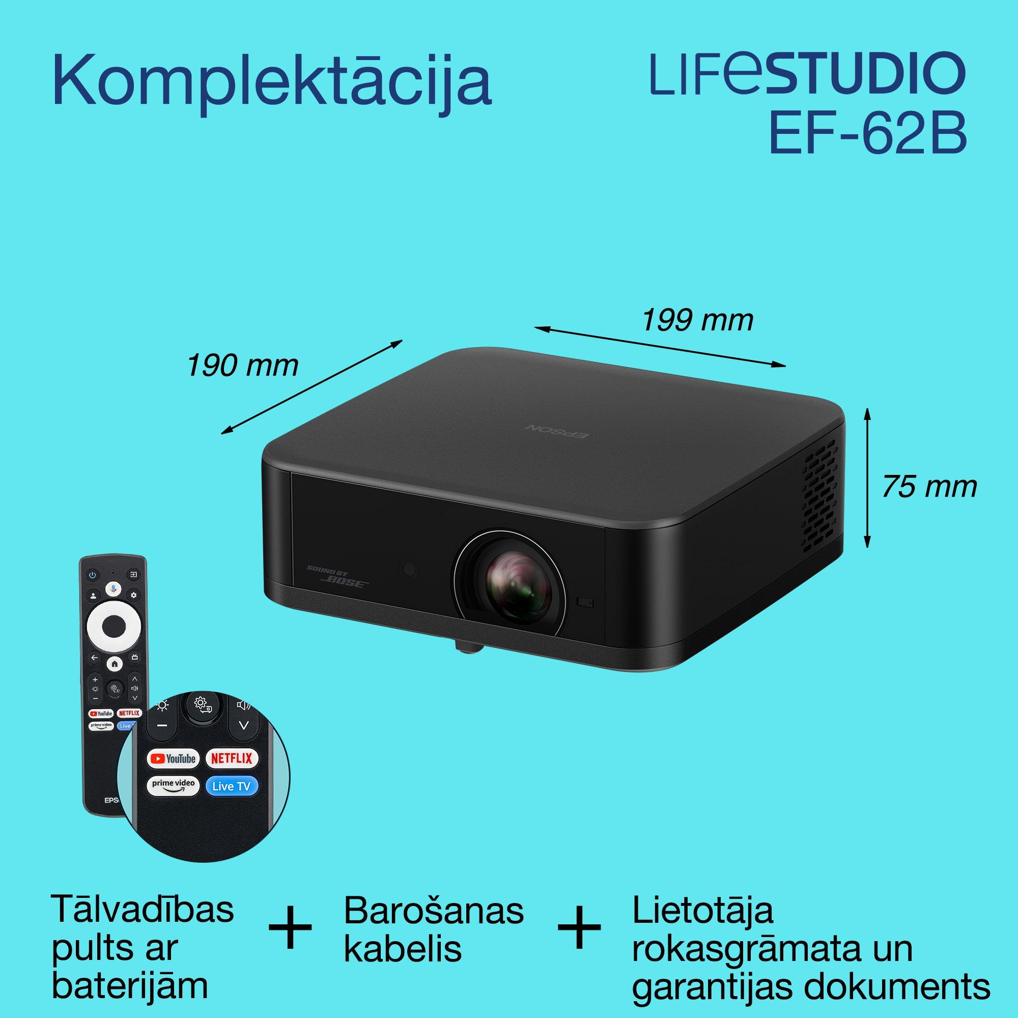 Epson Lifestudio Pop Plus EF-62B, 4K PRO-UHD viedais TV projektors, pārnēsājams, 700 lūmeni, Sound by Bose, Google TV, 150 collu displejs whats in the box