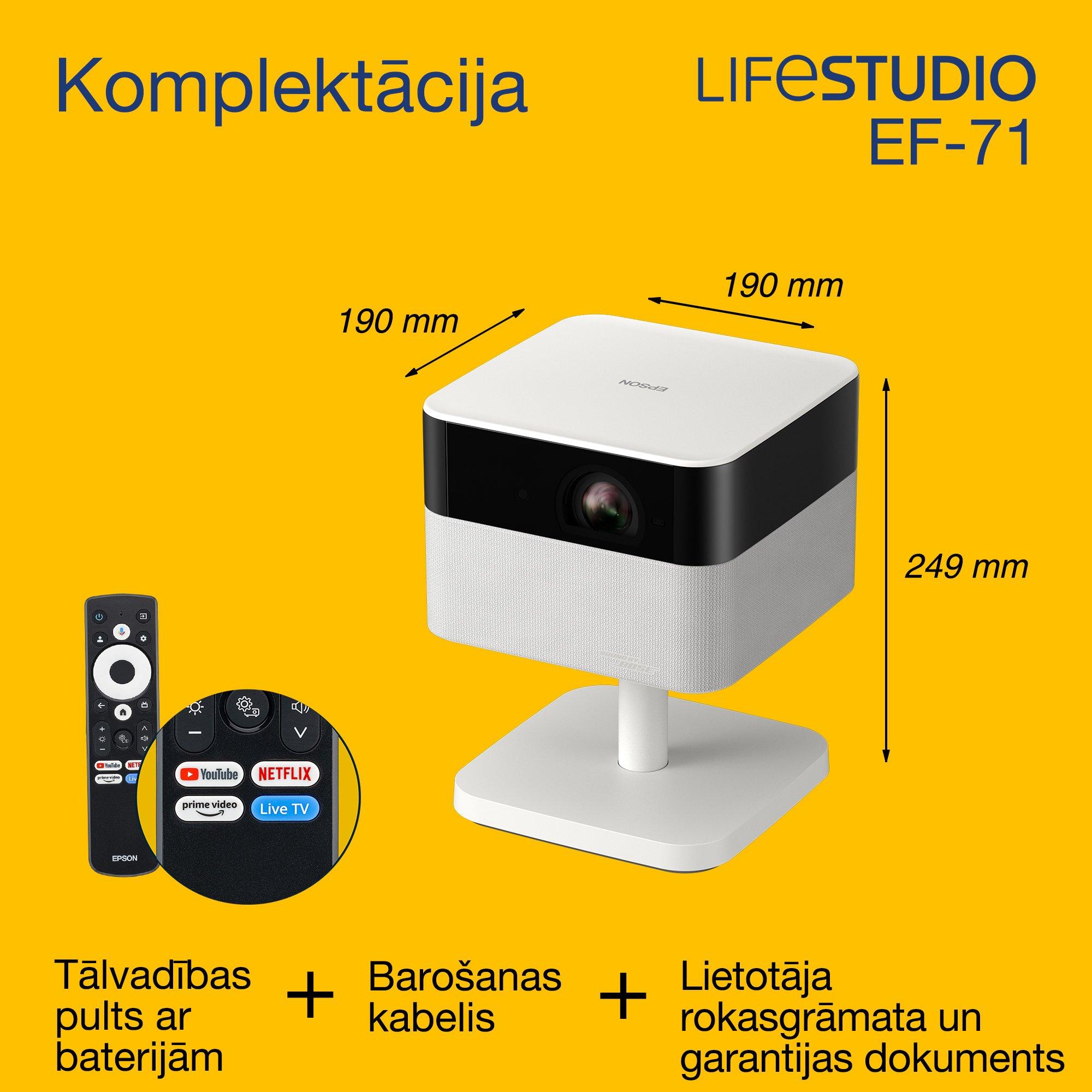 Epson Lifestudio Pop EF-71, Full HD 1080p Smart TV projektors, pārnēsājams, 700 lūmeni, Sound by Bose, Google TV, 150 collu displejs whats in the box