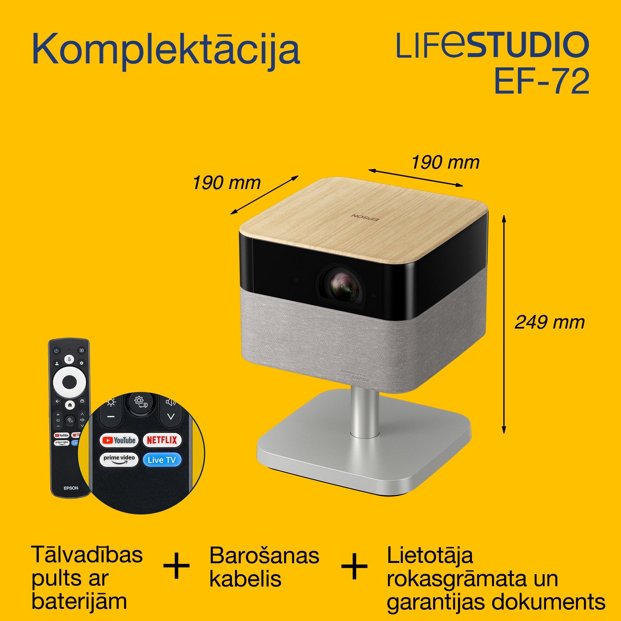 Epson Lifestudio Flex Plus EF-72, 4K PRO-UHD viedais TV projektors, pārnēsājams, 1 000 lūmeni, Sound by Bose, Google TV, 150 collu displejs whats in the box