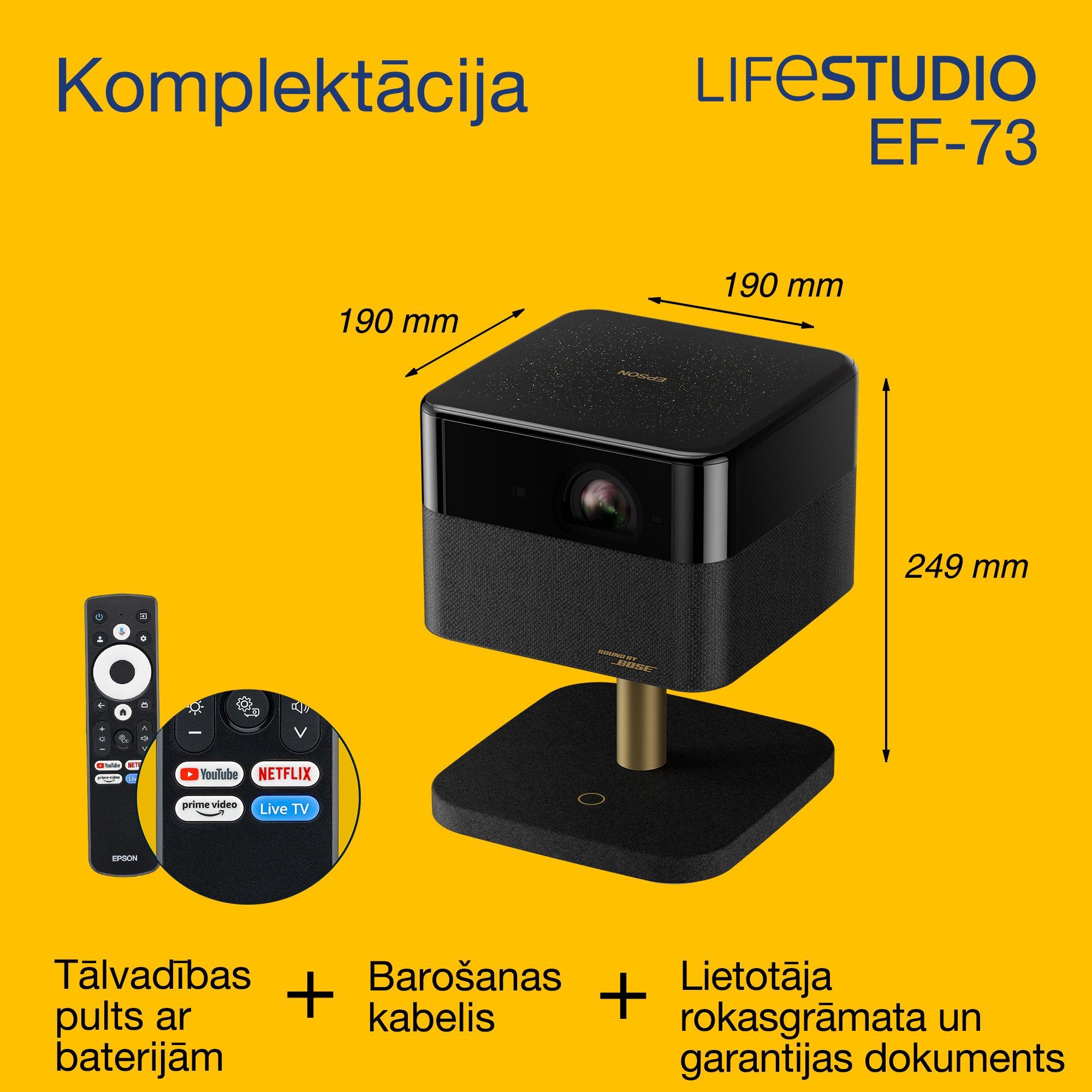 Epson Lifestudio Flex Plus EF-73, 4K PRO-UHD viedais TV projektors, pārnēsājams, 1000 lūmeni, Sound by Bose, Google TV, 150 collu displejs whats in the box