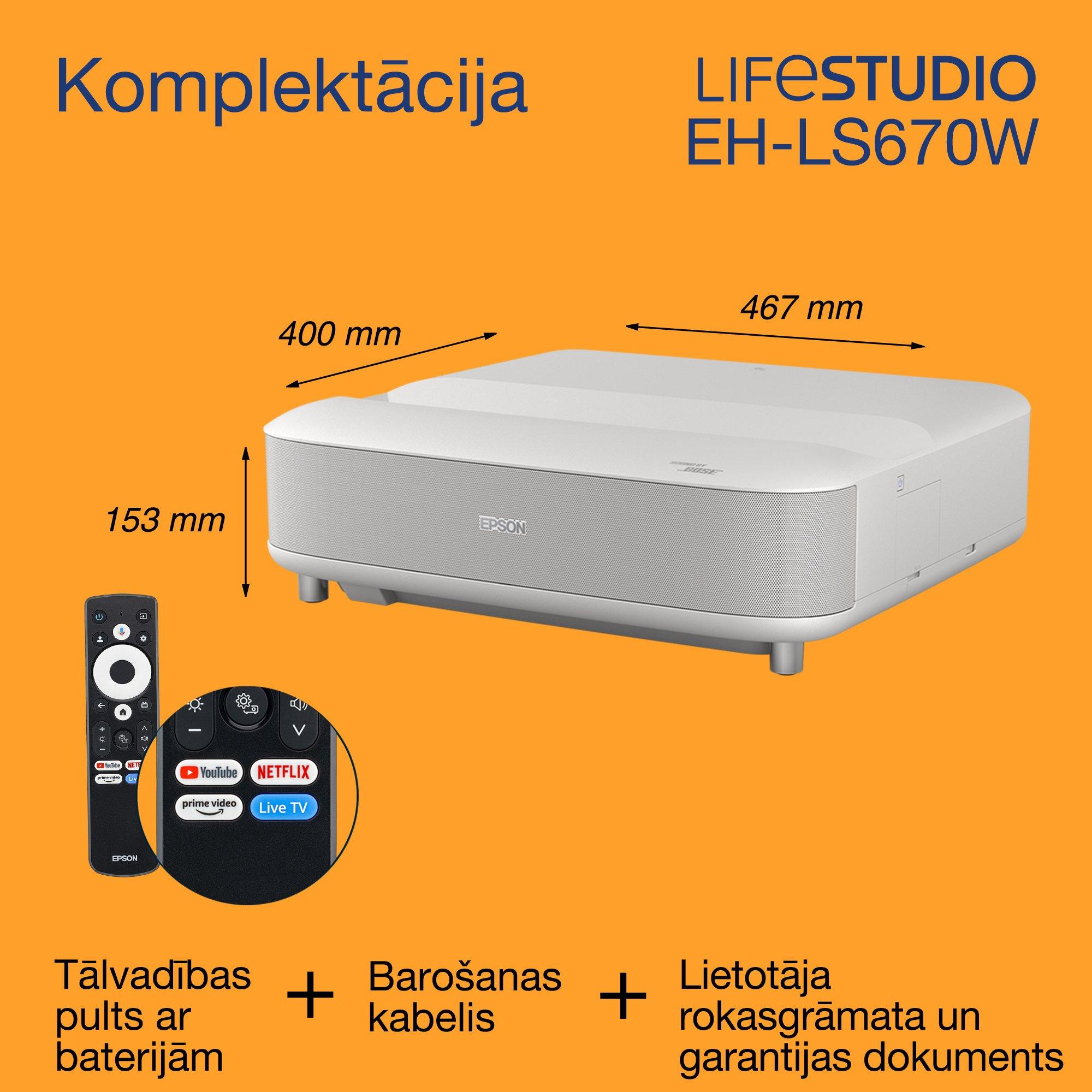 Epson Lifestudio Grand EH-LS670W, īpaši maza projicēšanas attāluma viedais lāzerprojektors-TV, 4K PRO-UHD, 3 600 lūmeni, Sound by Bose, Google TV, 120 collu displejs, 5 gadu garantija whats in the box