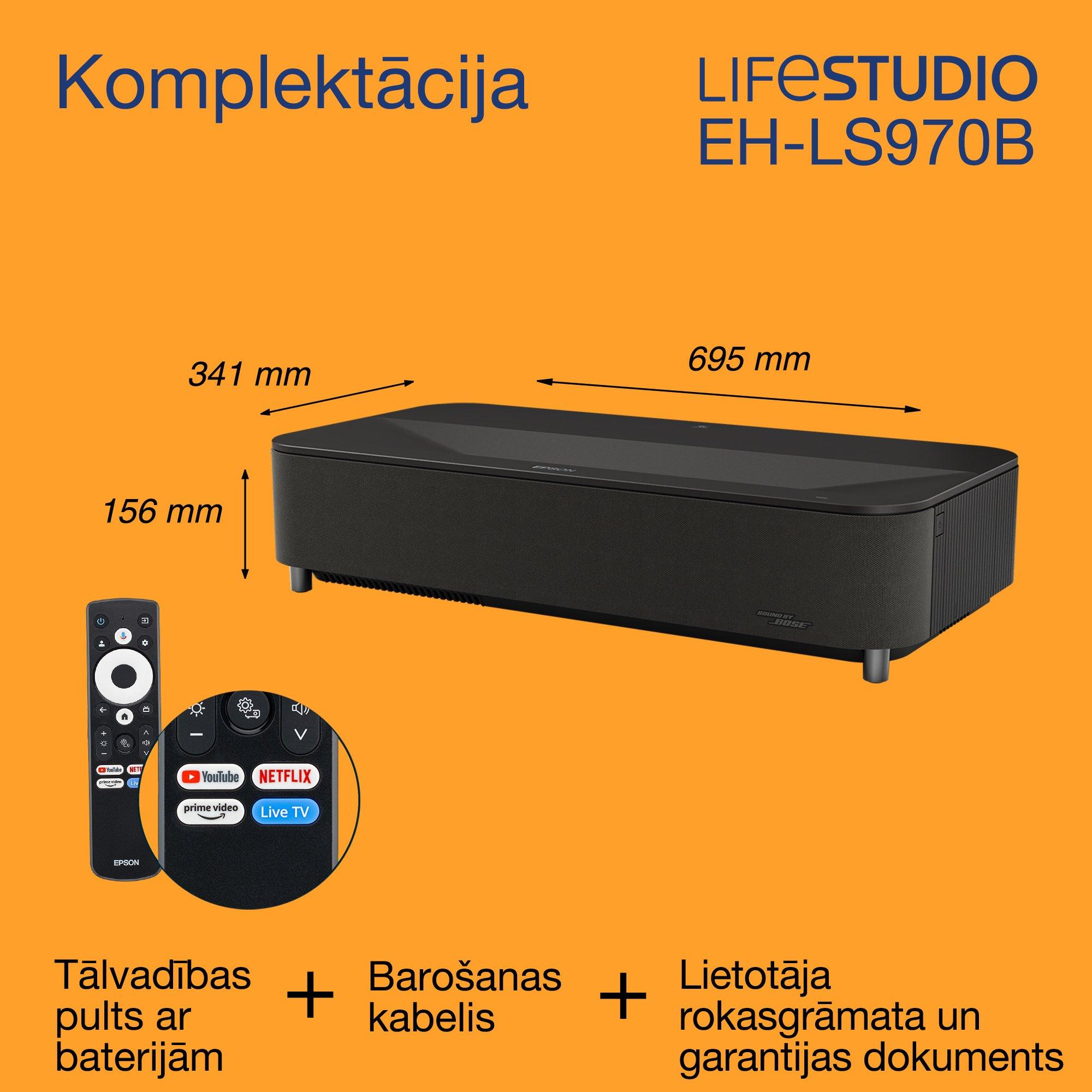 Epson Lifestudio Grand Plus EH-LS970B, īpaši maza projicēšanas attāluma viedais lāzerprojektors-TV, mājas kinozāle 4K, 4000 lūmeni, Sound by Bose, Google TV, 150 collu displejs, 5 gadu garantija whats in the box