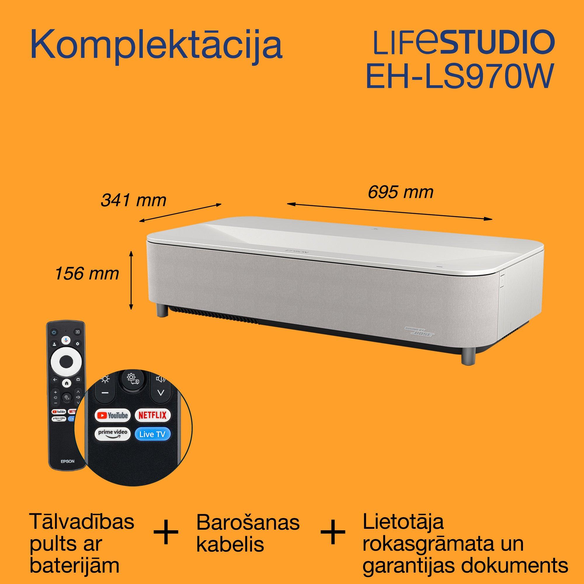 Epson Lifestudio Grand Plus EH-LS970W, īpaši maza projicēšanas attāluma viedais lāzerprojektors-TV, mājas kinozāle 4K, 4000 lūmeni, Sound by Bose, Google TV, 150 collu displejs, 5 gadu garantija whats in the box