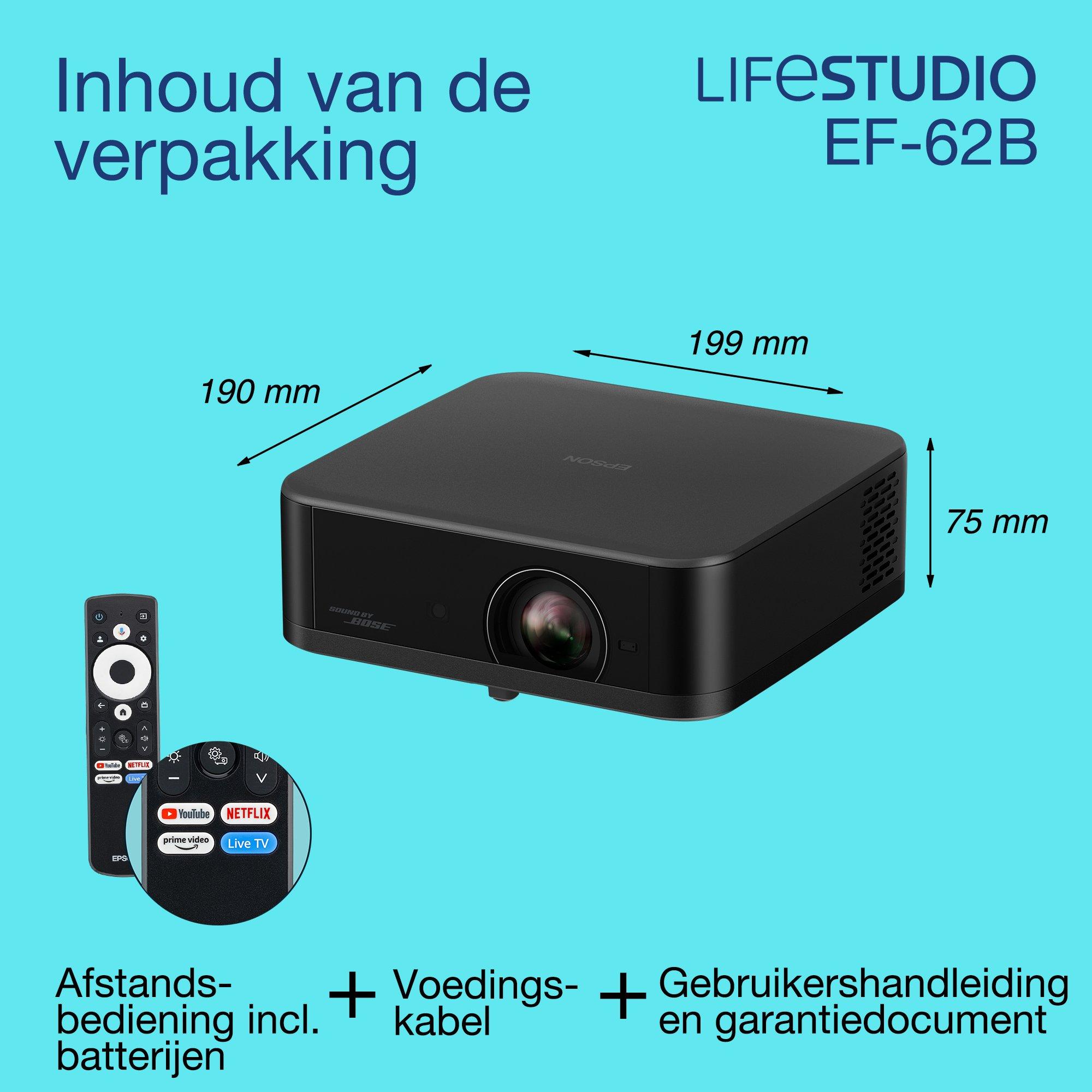 Epson Lifestudio Pop Plus EF-62B, 4K PRO-UHD smart tv-projector, draagbaar, 700 lumens, Sound by Bose, Google TV, 150-inch display whats in the box