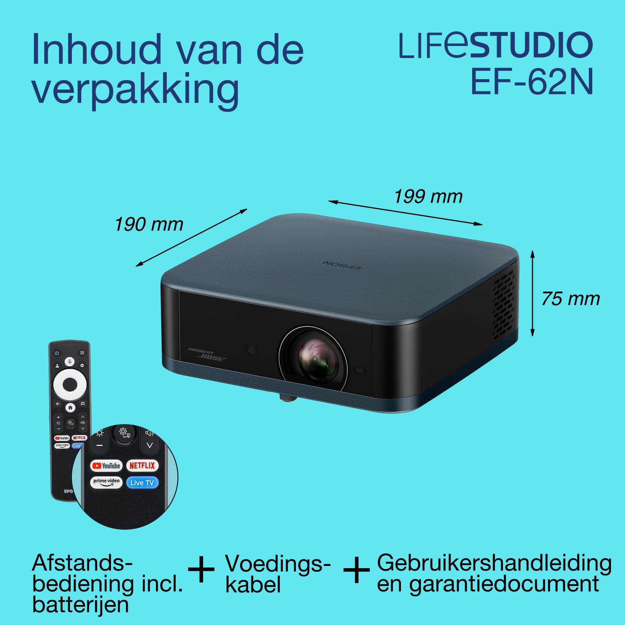 Epson Lifestudio Pop Plus EF-62N, 4K PRO-UHD smart tv-projector, draagbaar, 700 lumens, Sound by Bose, Google TV, 150-inch display whats in the box