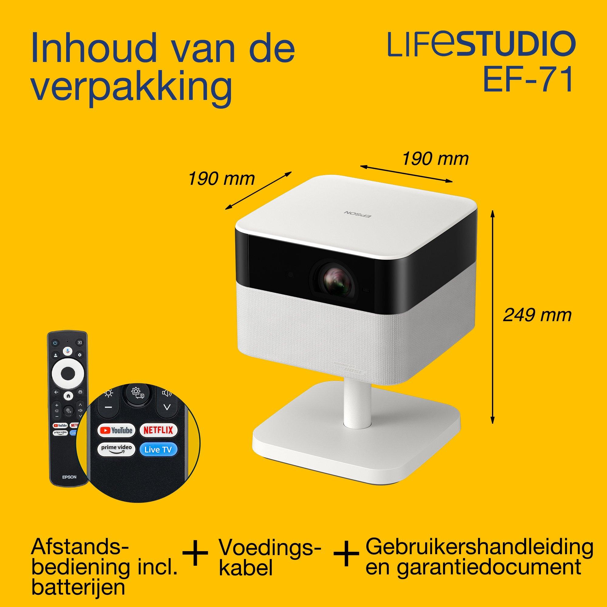 Epson Lifestudio Pop Flex EF-71, Full HD 1080p smart tv-projector, draagbaar, 700 lumen, Sound by Bose, Google TV, 150 inch display whats in the box