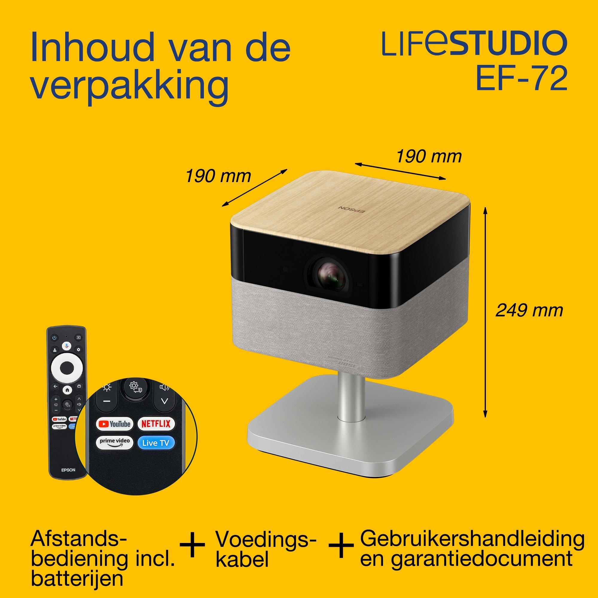 Epson Lifestudio Flex Plus EF-72, 4K PRO-UHD smart tv-projector, draagbaar, 1.000 lumen, Sound by Bose, Google TV, 150'' display whats in the box