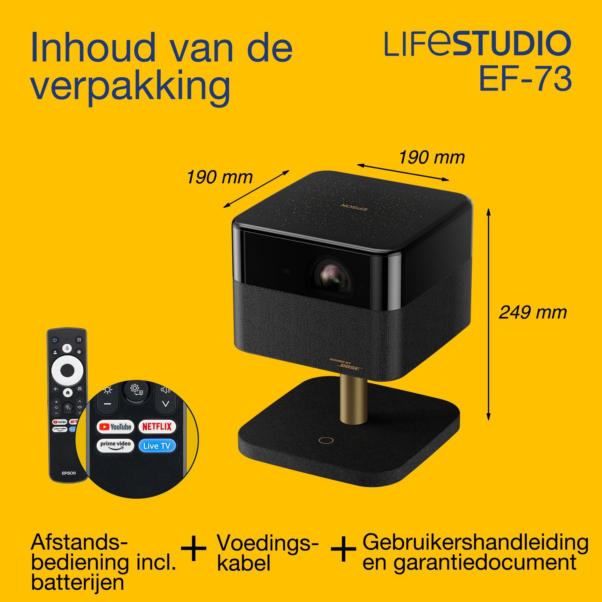 Epson Lifestudio Flex Plus EF-73, 4K PRO-UHD smart tv-projector, draagbaar, 1.000 lumen, Sound by Bose, Google TV, 150'' display whats in the box