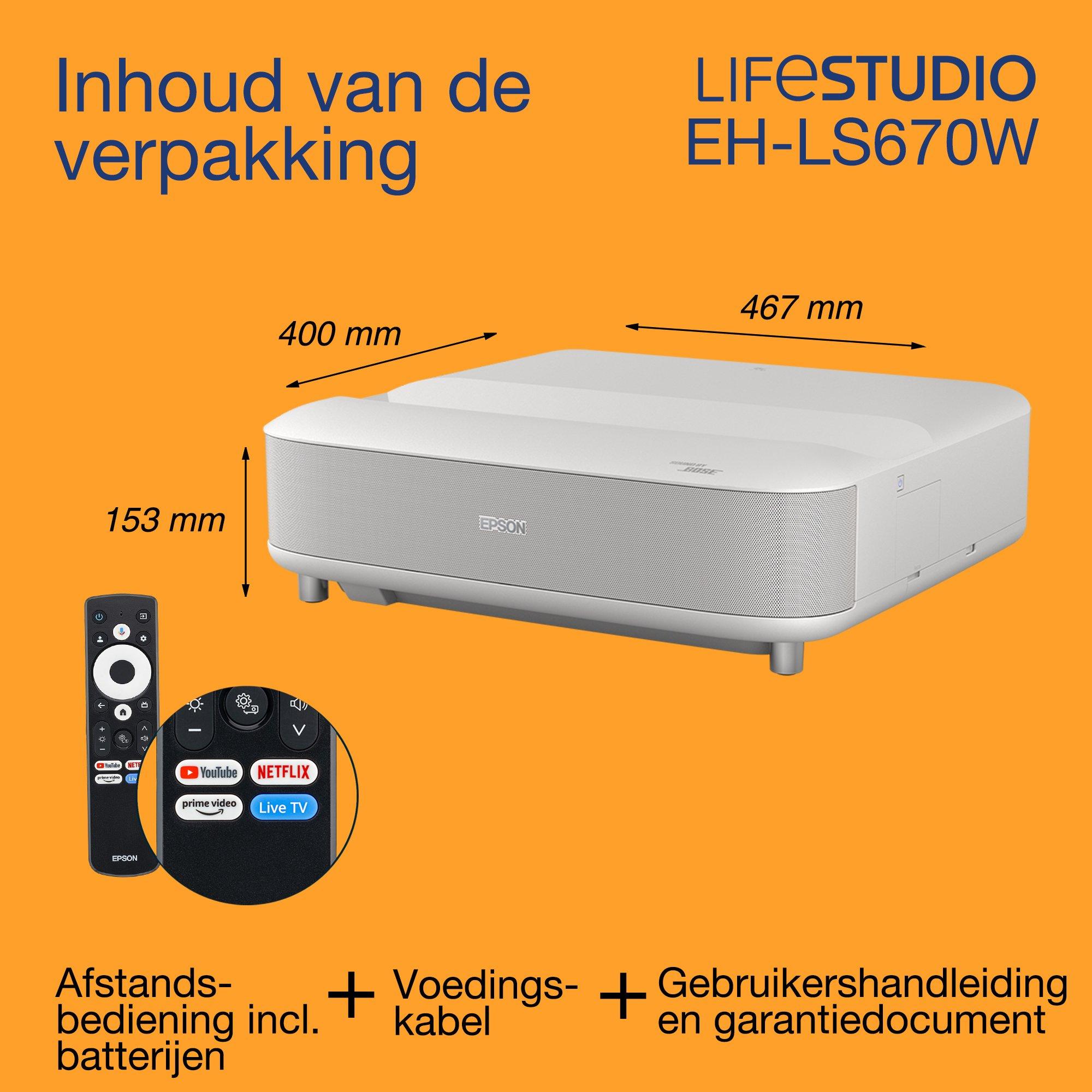 Epson Lifestudio Grand EH-LS670W, smart laserprojector-tv met ultrakorte projectieafstand, 4K PRO-UHD, 3.600 lumen, Sound by Bose, Google TV, 120 inch display, 5 jaar garantie whats in the box
