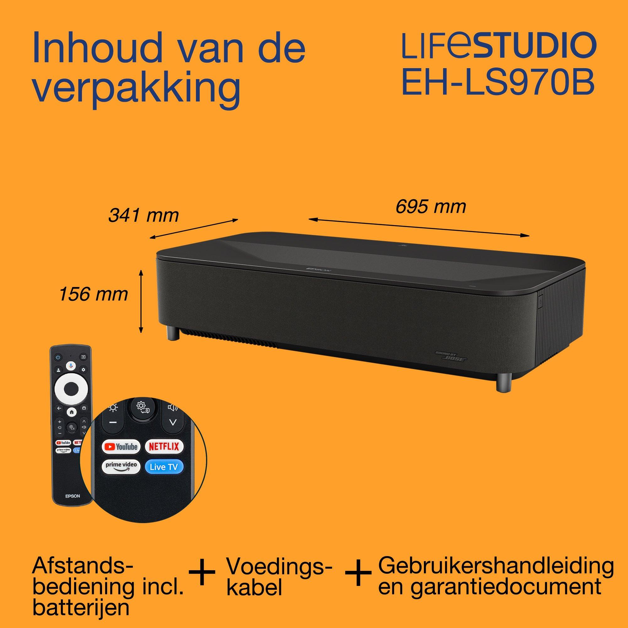 Epson Lifestudio Grand Plus EH-LS970B, smart laserprojector-tv met ultrakorte projectieafstand, thuisbioscoop 4K, 4.000 lumen, Sound by Bose, Google TV, 150-inch display, 5 jaar garantie whats in the box
