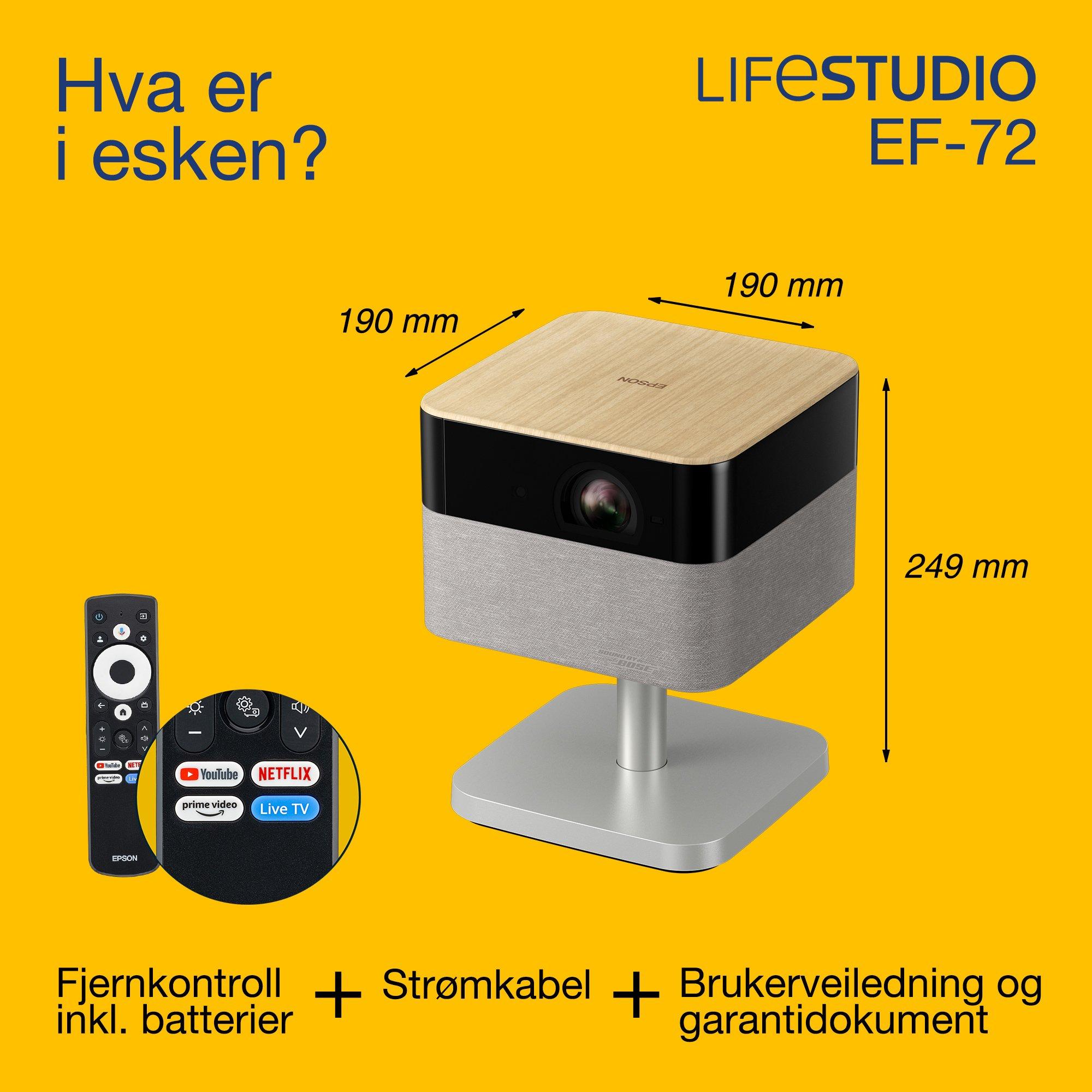 Epson Lifestudio Flex Plus EF-72, 4K PRO-UHD Smart TV-projektor, bærbar, 1000 lumen, Sound by Bose, Google TV, 150-tommers display whats in the box