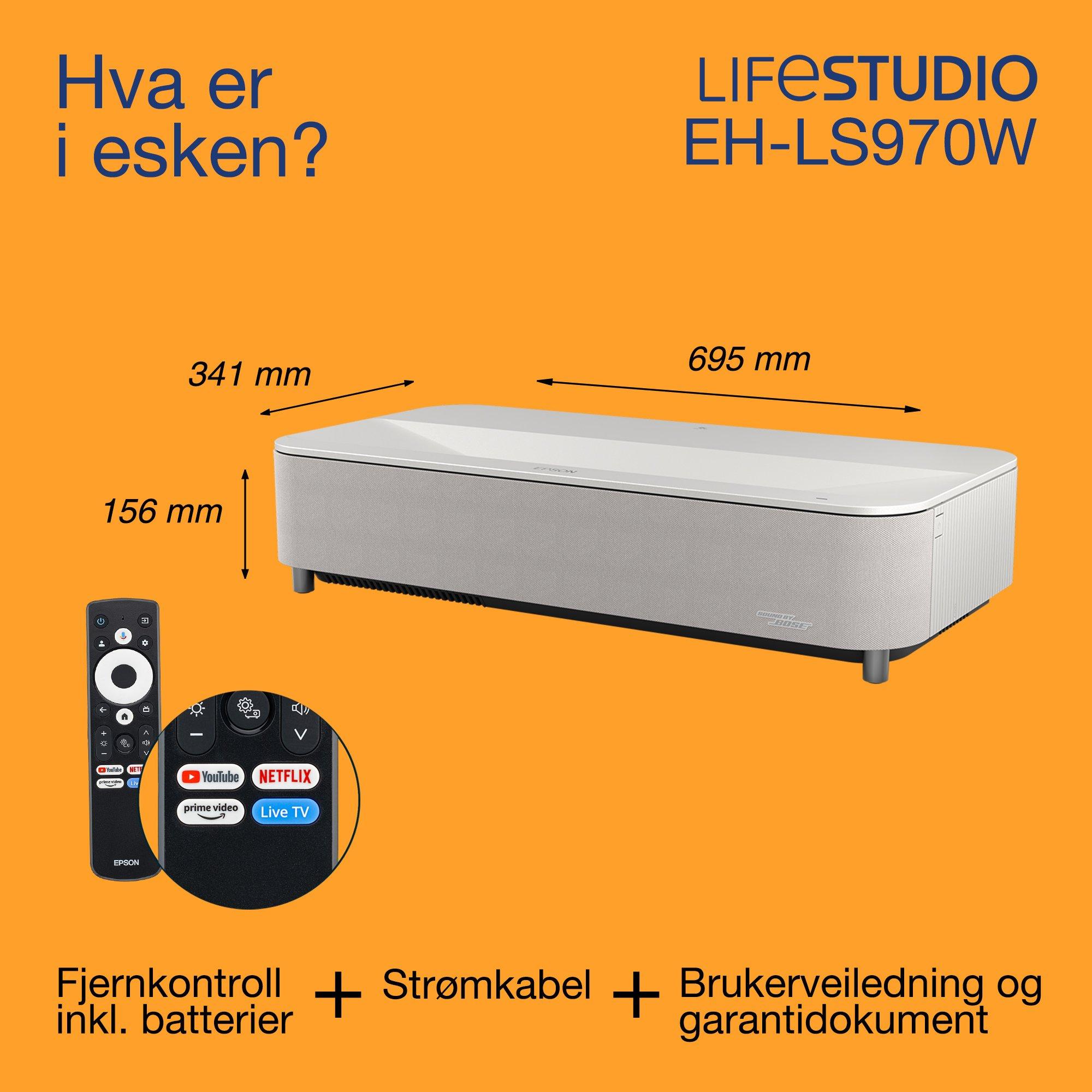 Epson Lifestudio Grand Plus EH-LS970W, smart laserprojektor-TV med ekstra kort projeksjonsavstand, hjemmekino 4K, 4000 lumen, Sound by Bose, Google TV, 150-tommers display, femårsgaranti whats in the box