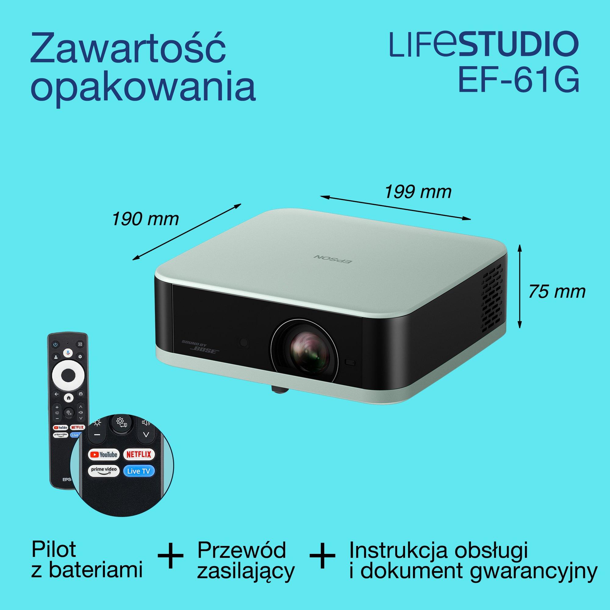 Lifestudio Pop EF-61G firmy Epson, projektor Full HD 1080p Smart TV, przenośny, 700 lumenów, Sound by Bose, Google TV, 150-calowy wyświetlacz whats in the box