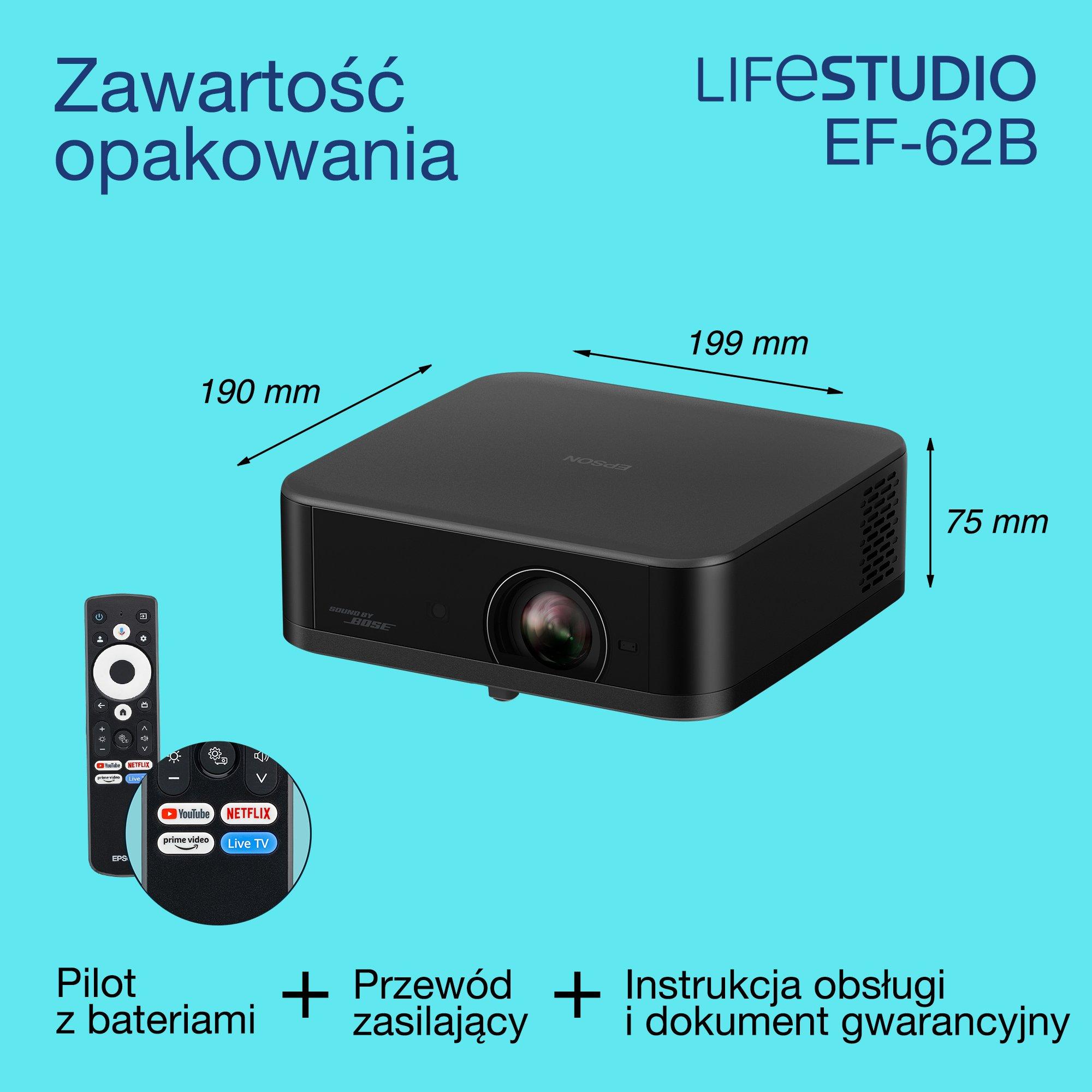 Lifestudio Pop Plus EF-62B firmy Epson, projektor 4K PRO-UHD Smart TV, przenośny, 700 lumenów, Sound by Bose, Google TV, 150-calowy wyświetlacz whats in the box