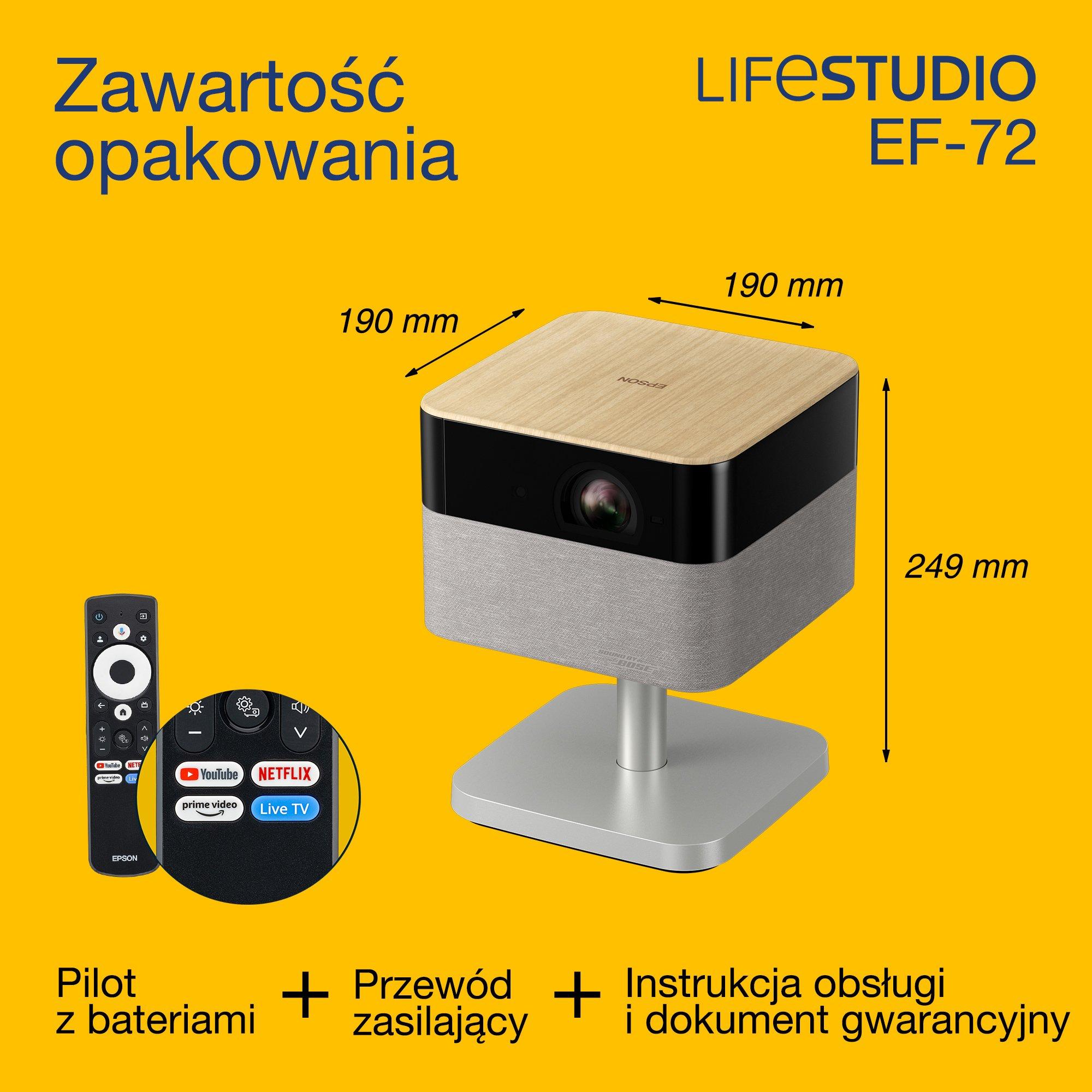 Lifestudio Flex Plus EF-72 firmy Epson, projektor Smart TV 4K PRO-UHD, przenośny, 1000 lumenów, Sound by Bose, Google TV, 150-calowy wyświetlacz whats in the box